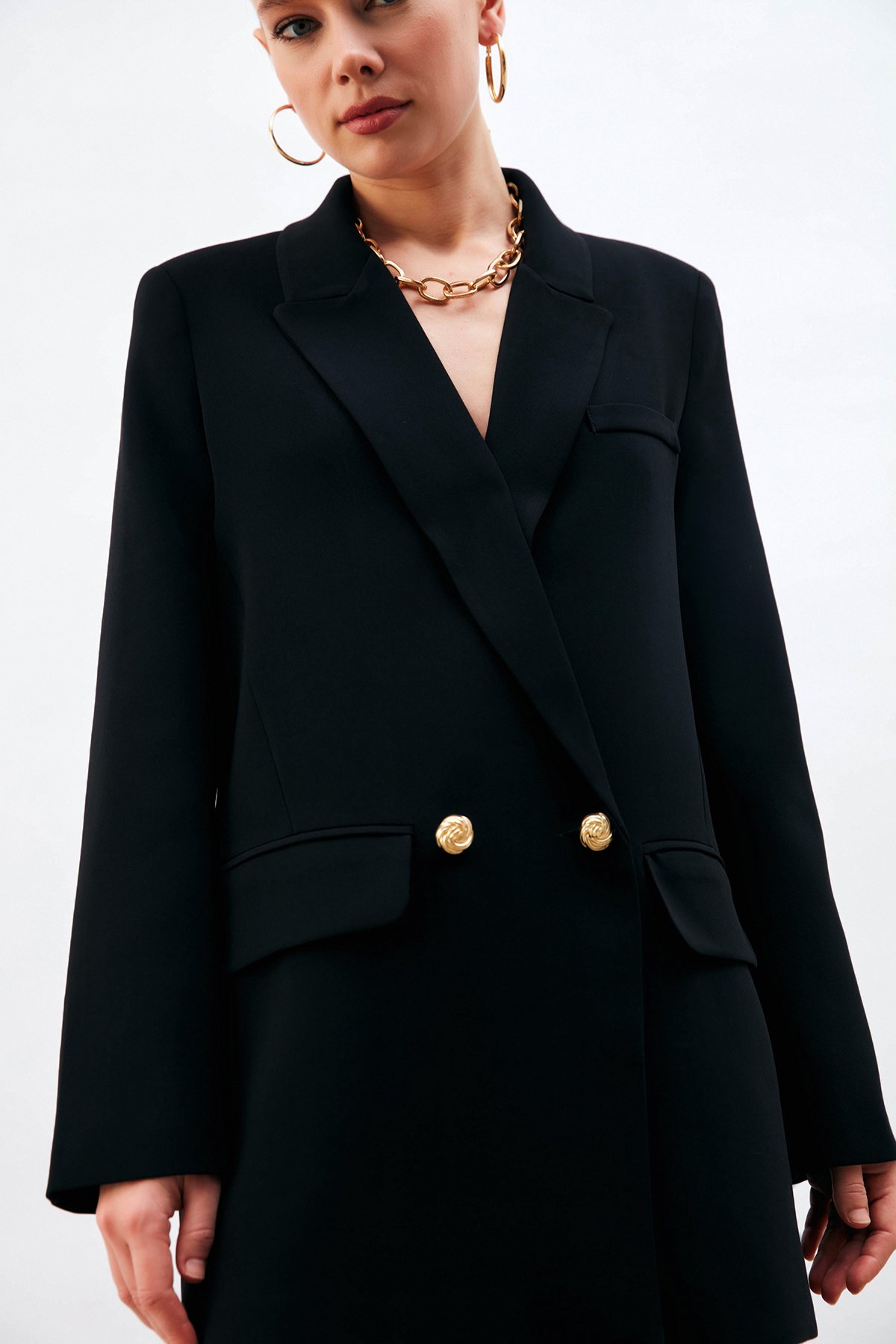 Düğme Detaylı Salaş Ceket - SİYAH