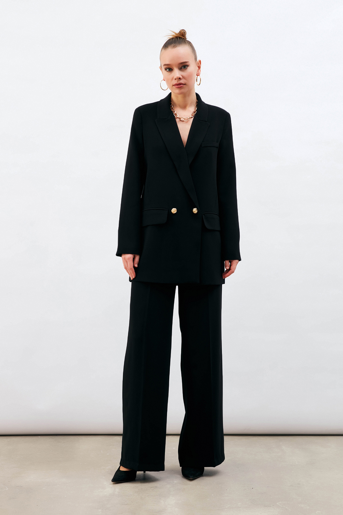 Düğme Detaylı Salaş Ceket - SİYAH