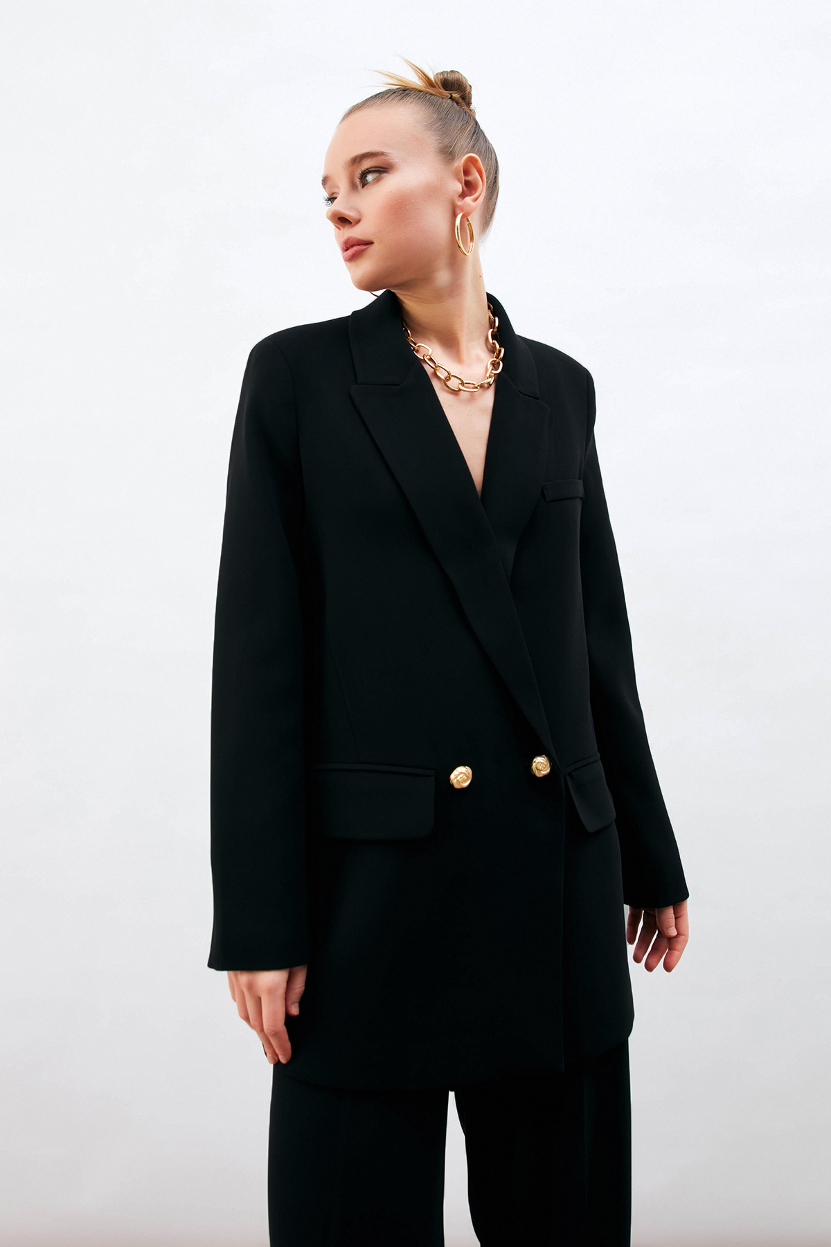 Düğme Detaylı Salaş Ceket - SİYAH