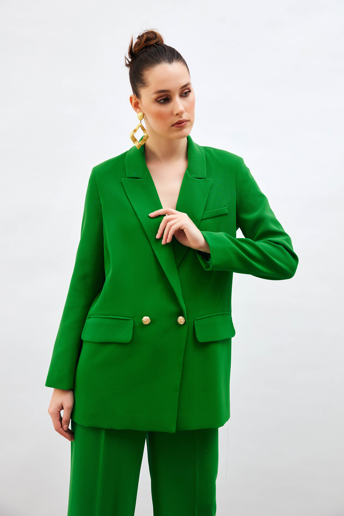 Düğme Detaylı Salaş Ceket - YEŞİL