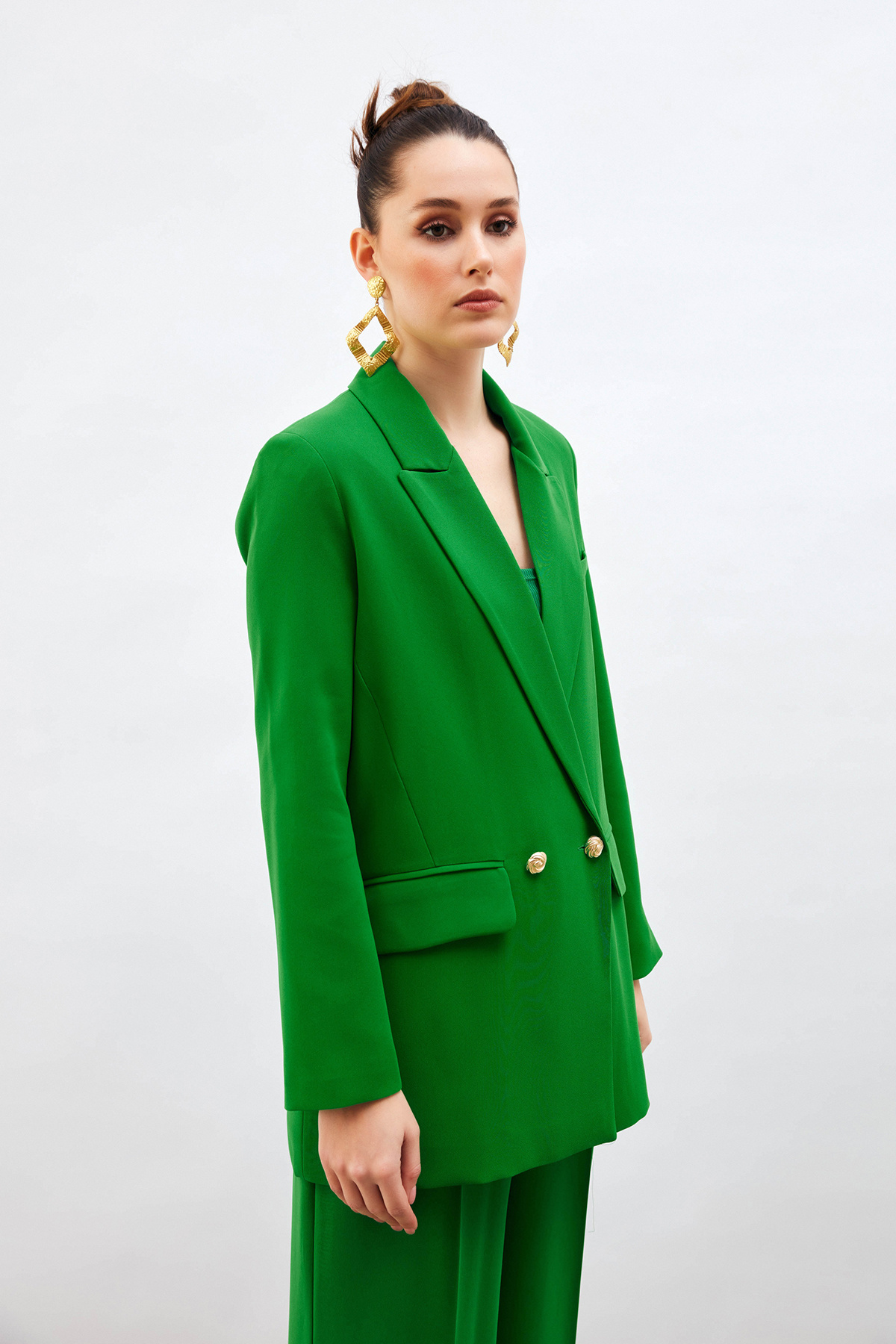 Düğme Detaylı Salaş Ceket - YEŞİL