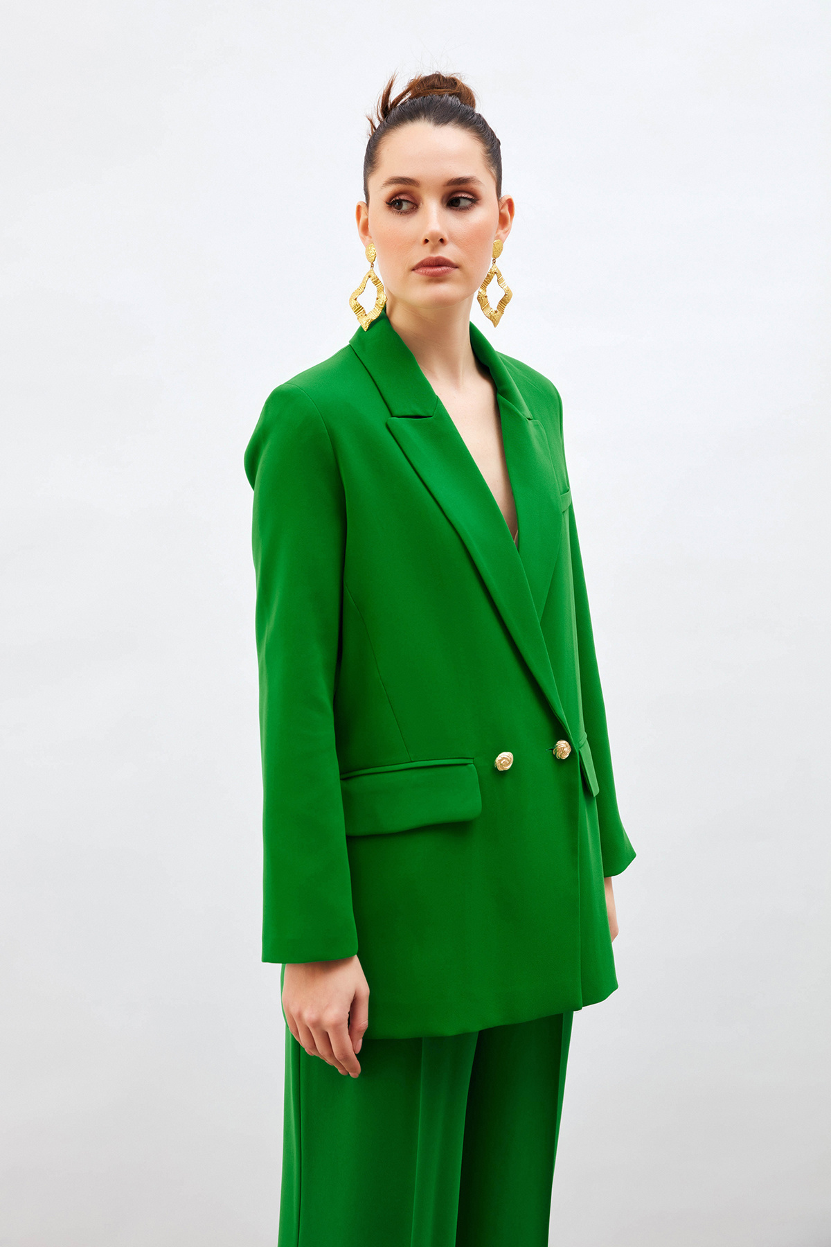 Düğme Detaylı Salaş Ceket - YEŞİL