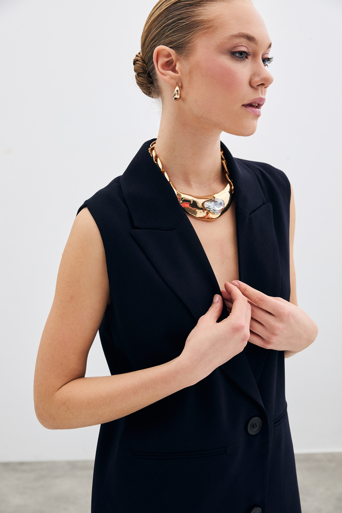 Düğme Detaylı Salaş Yelek - Lacivert