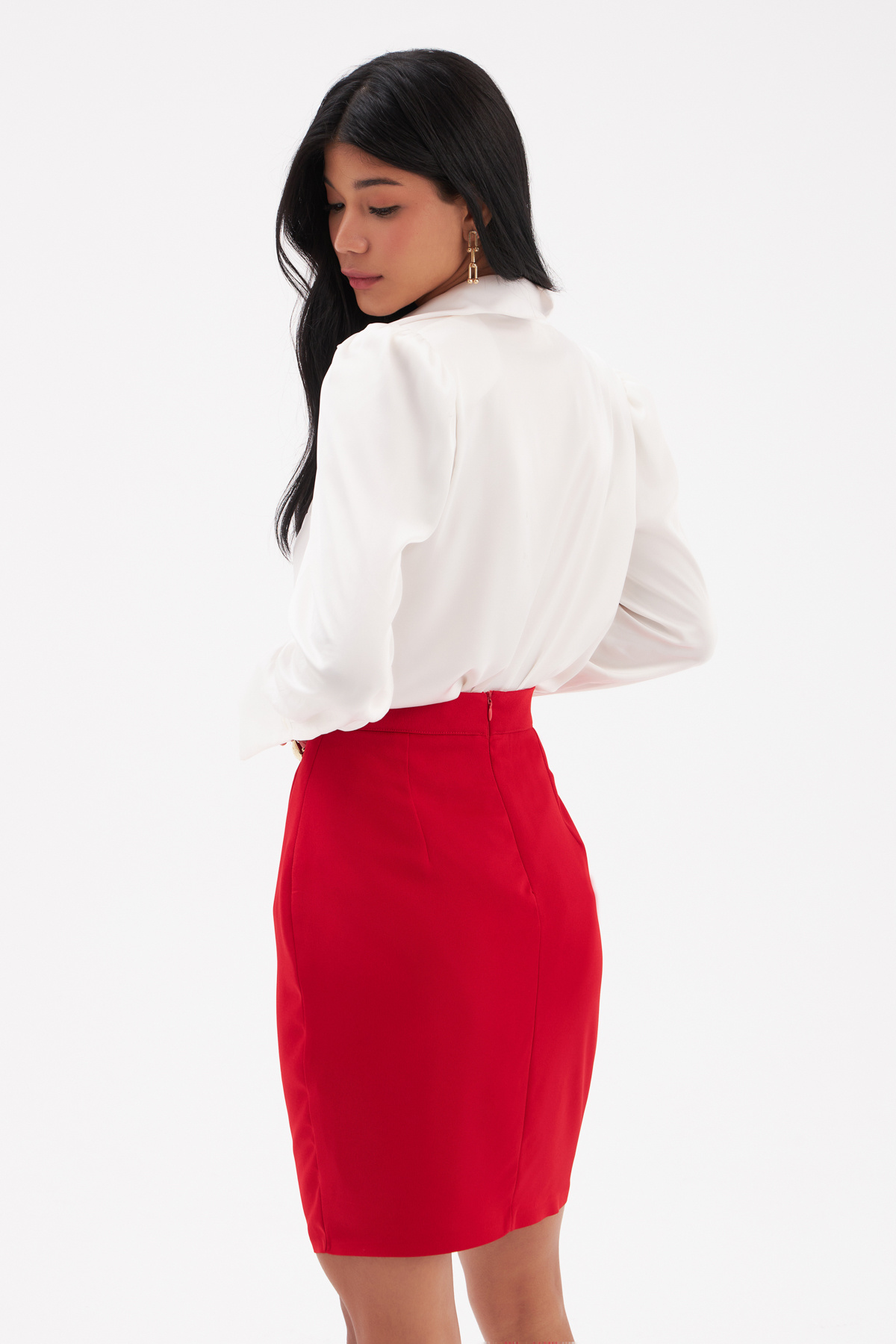 Düğme Detaylı Saten Krep Etek - KIRMIZI