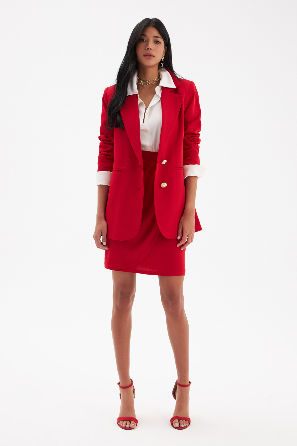 Düğme Detaylı Saten Krep Etek - KIRMIZI