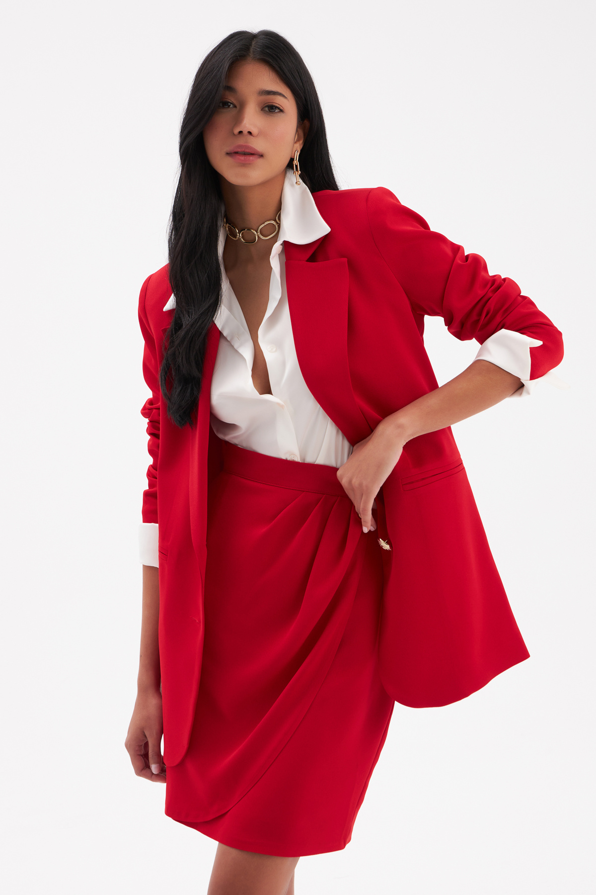 Düğme Detaylı Saten Krep Etek - KIRMIZI