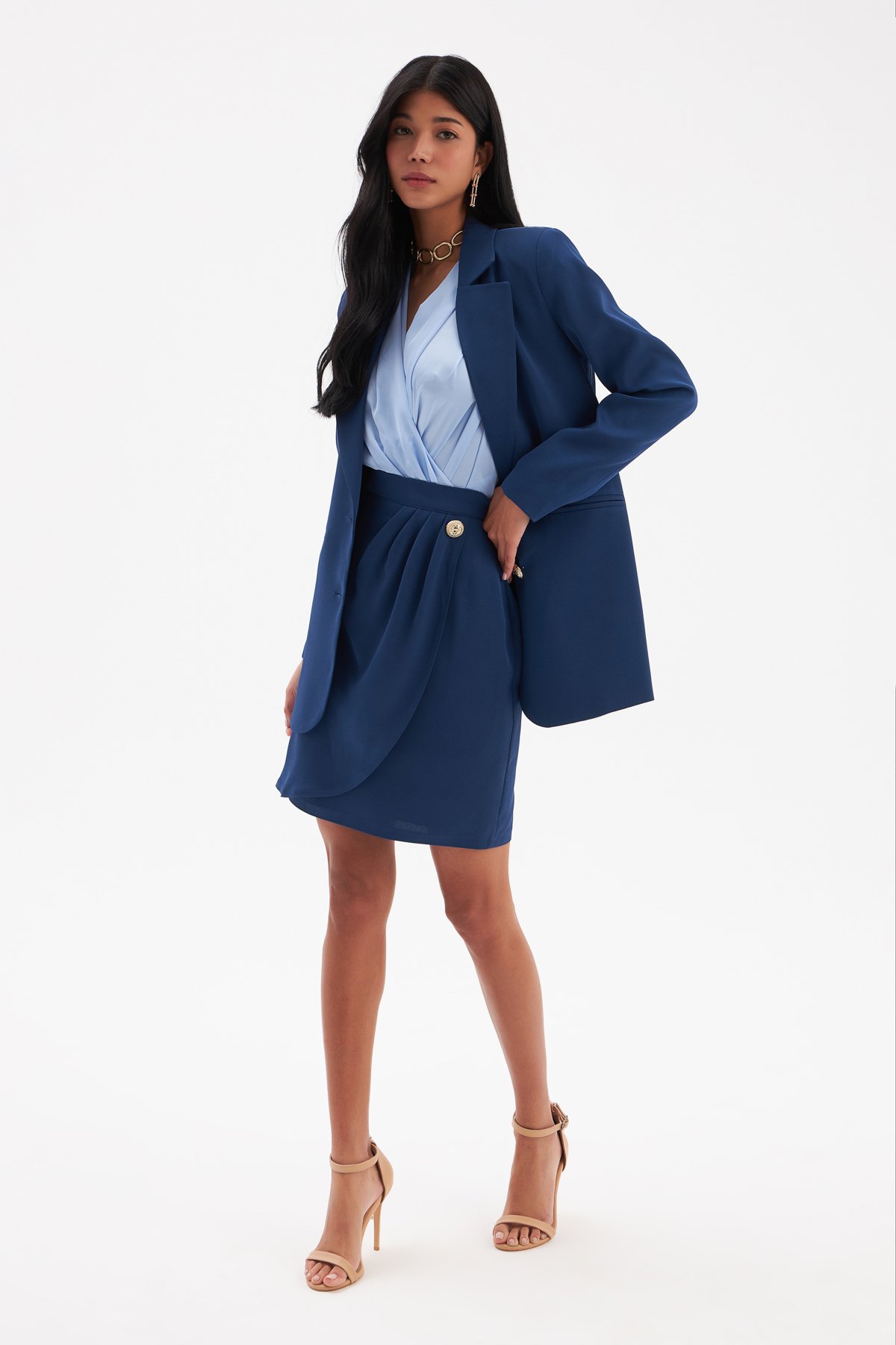 Düğme Detaylı Saten Krep Etek - LACİVERT