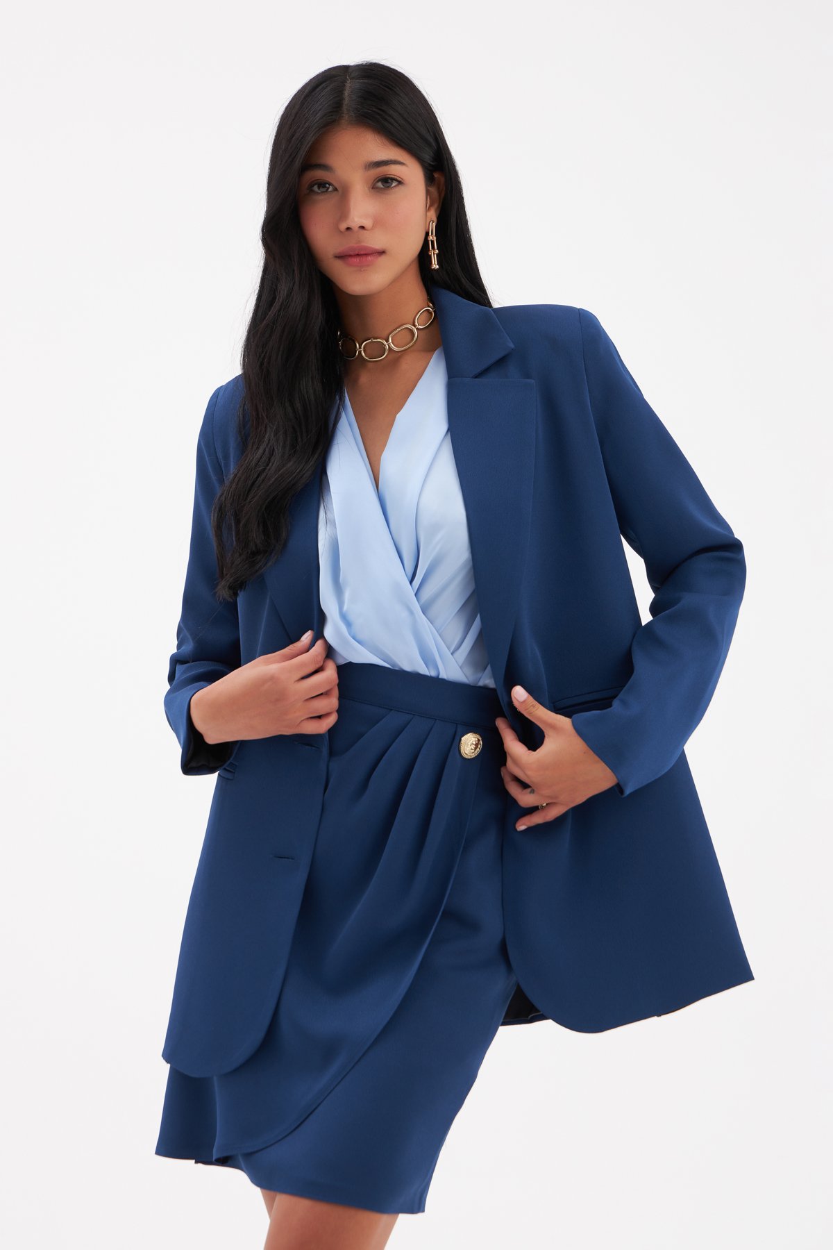 Düğme Detaylı Saten Krep Etek - LACİVERT