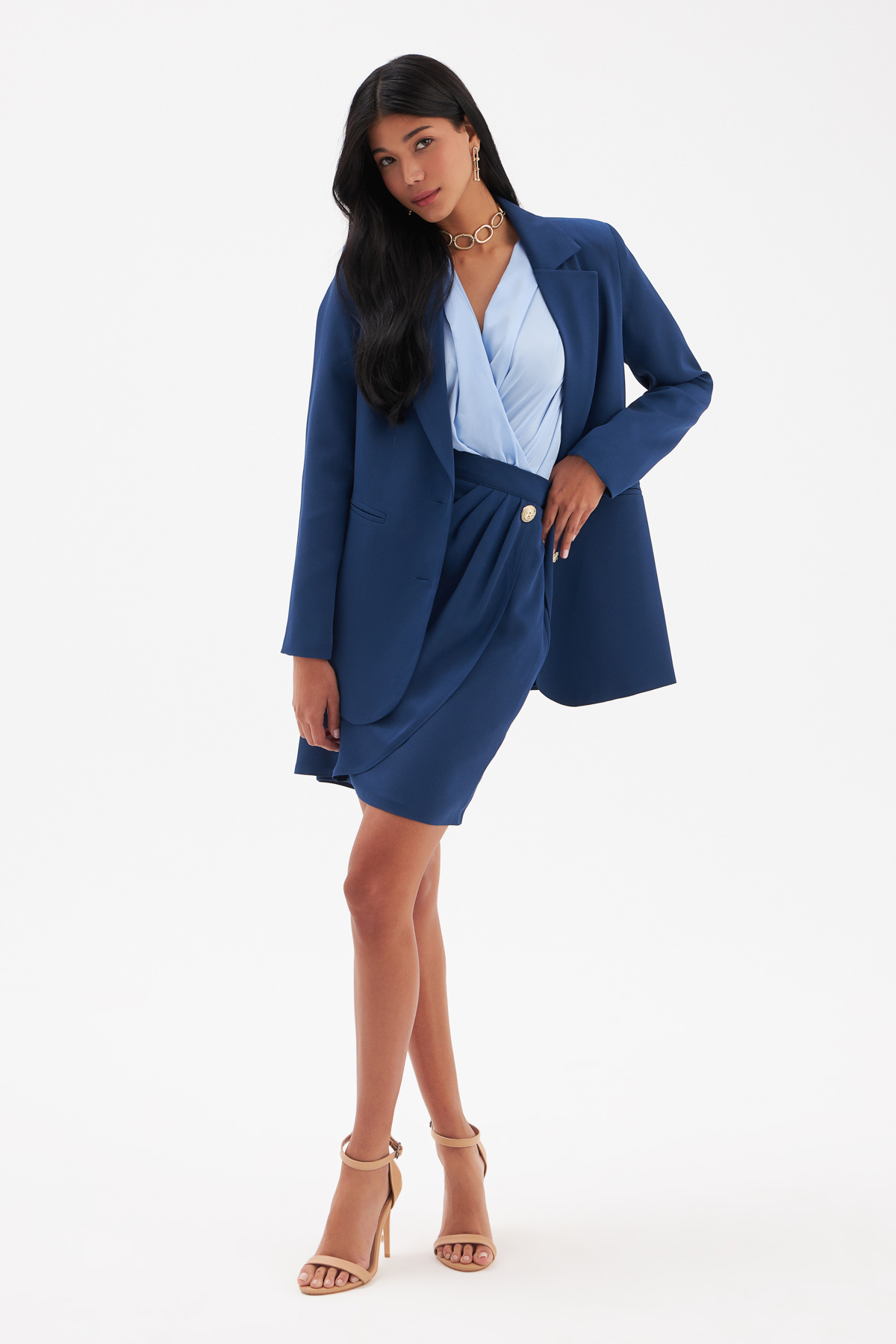 Düğme Detaylı Saten Krep Etek - LACİVERT