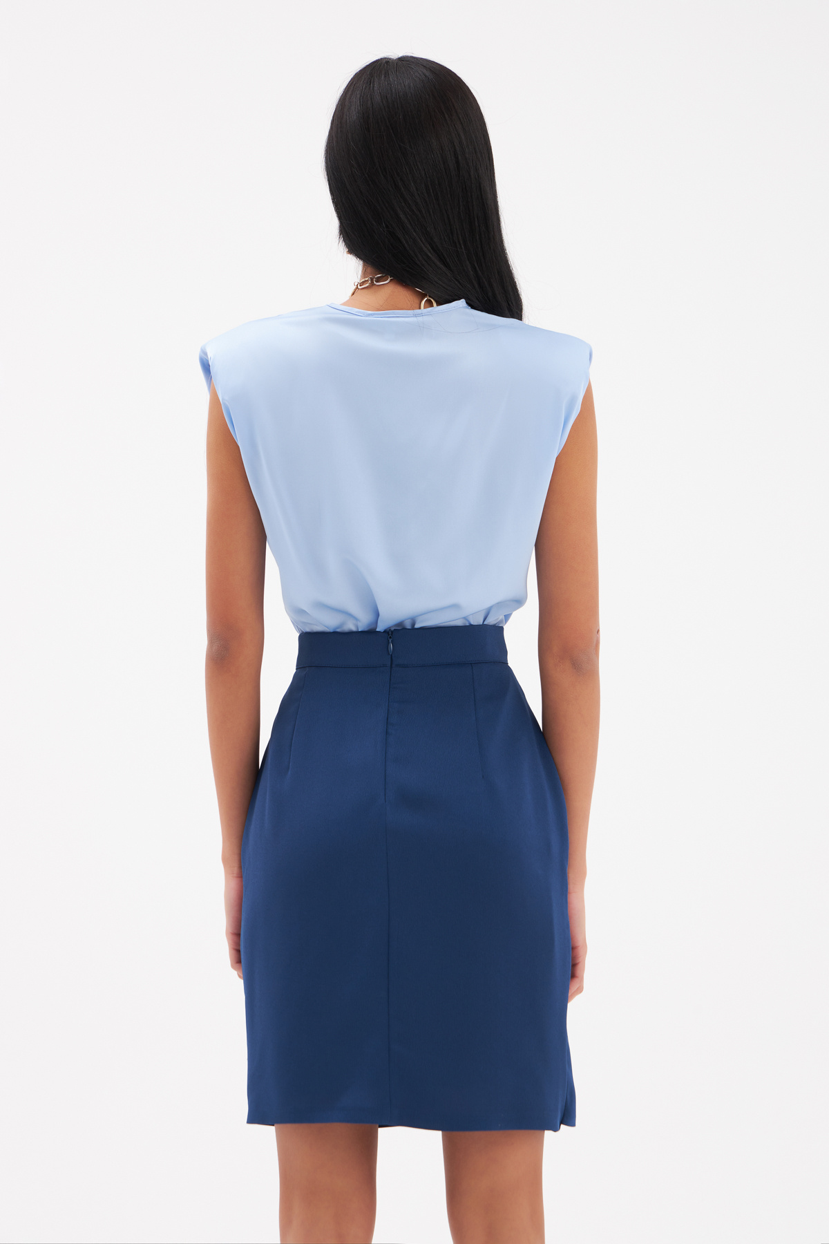 Düğme Detaylı Saten Krep Etek - LACİVERT