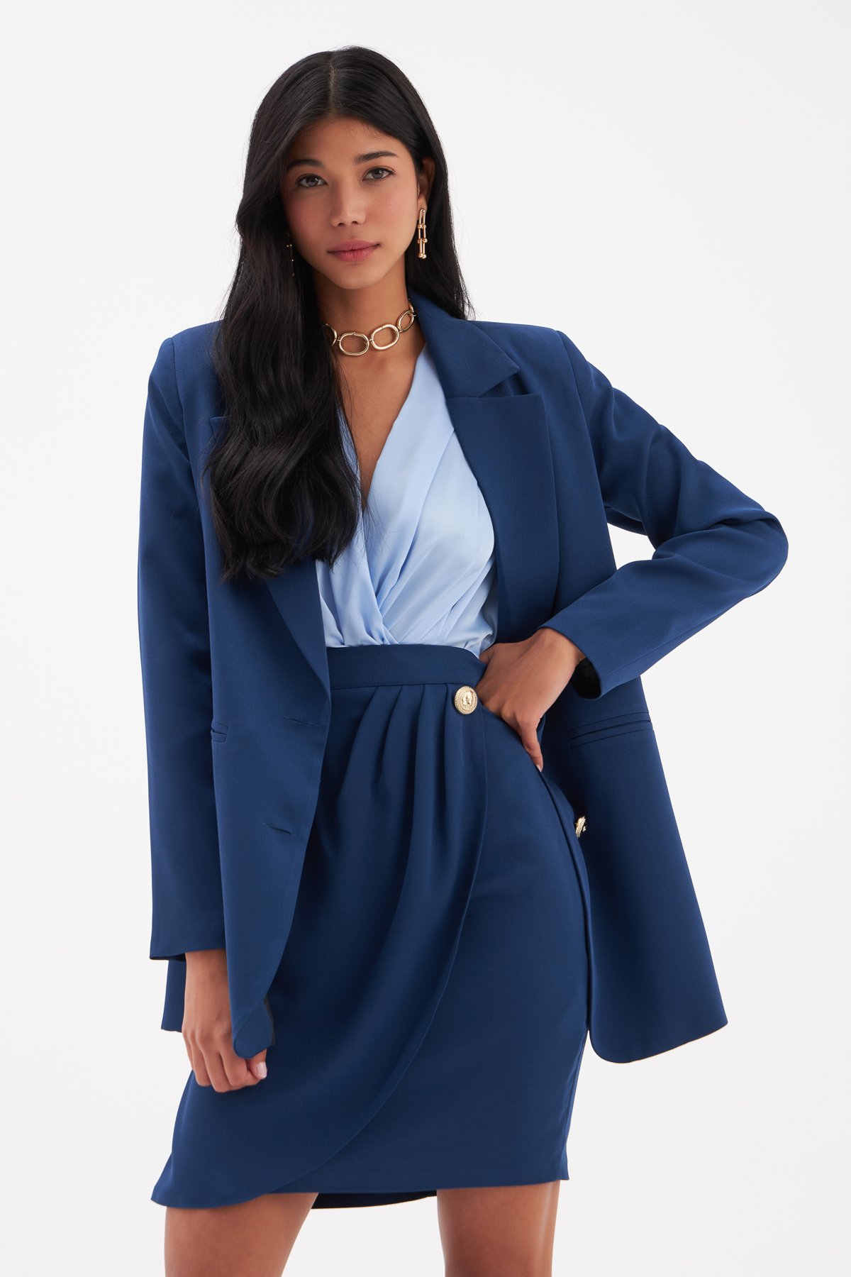 Düğme Detaylı Saten Krep Etek - LACİVERT