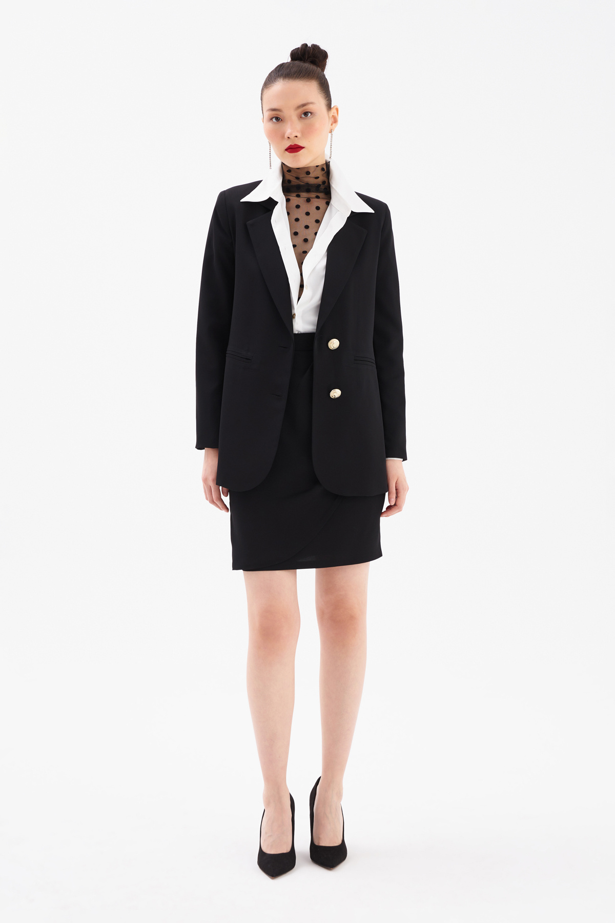 Düğme Detaylı Saten Krep Etek - SİYAH