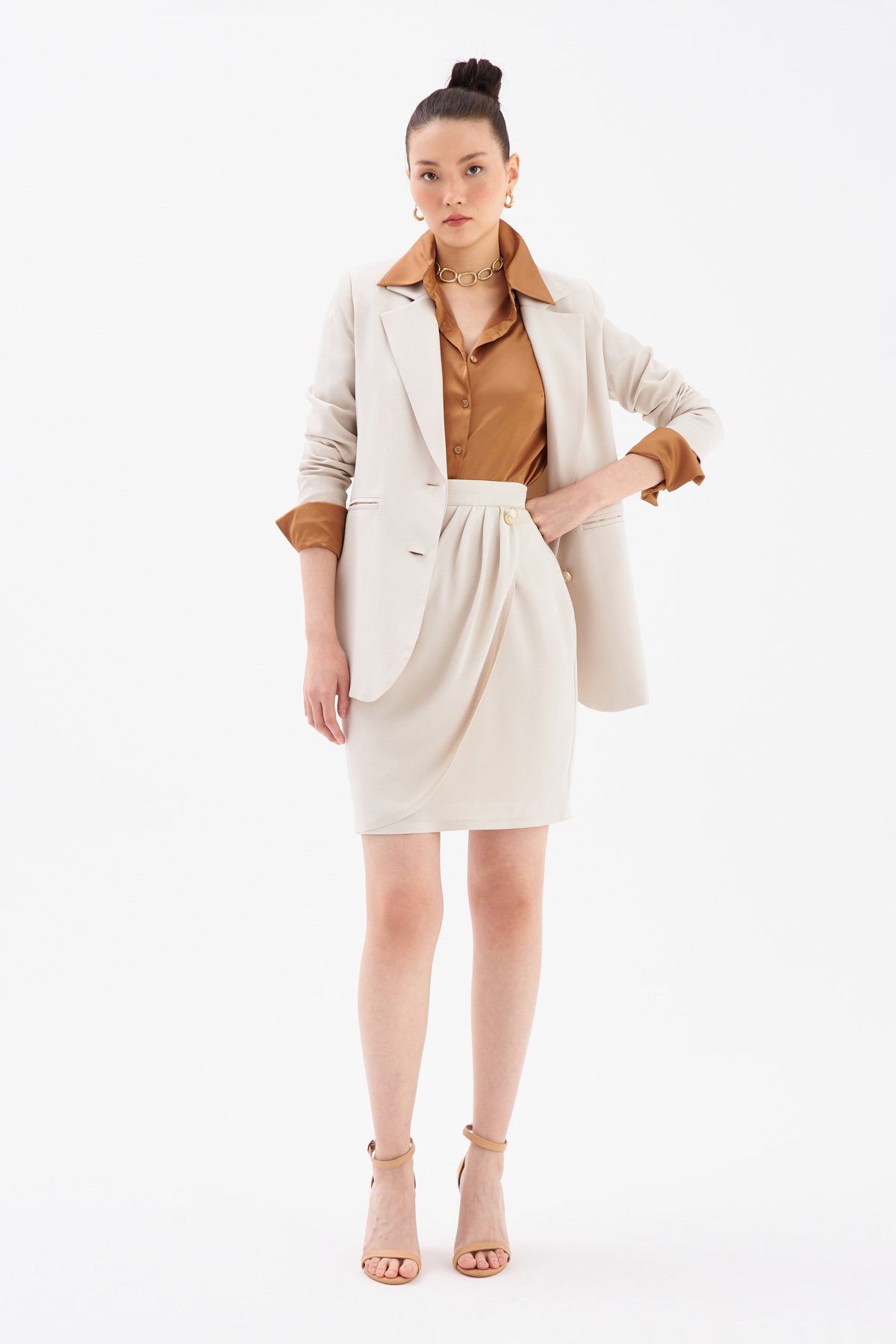 Düğme Detaylı Saten Krep Etek - TAŞ