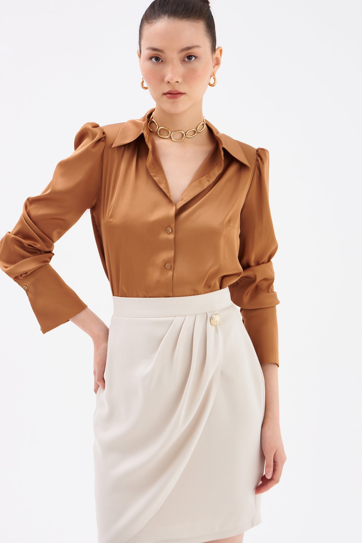 Düğme Detaylı Saten Krep Etek - TAŞ