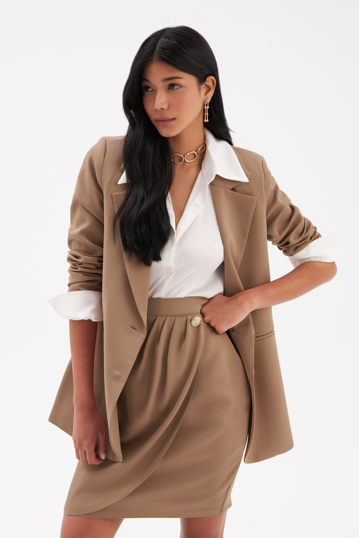 Düğme Detaylı Saten Krep Etek - VİZON