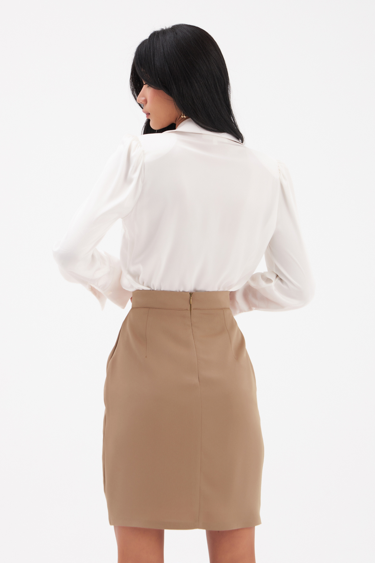 Düğme Detaylı Saten Krep Etek - VİZON