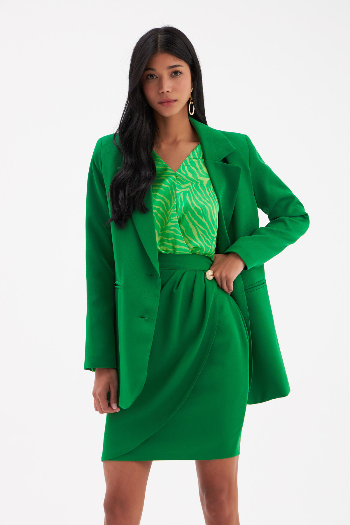 Düğme Detaylı Saten Krep Etek - YEŞİL