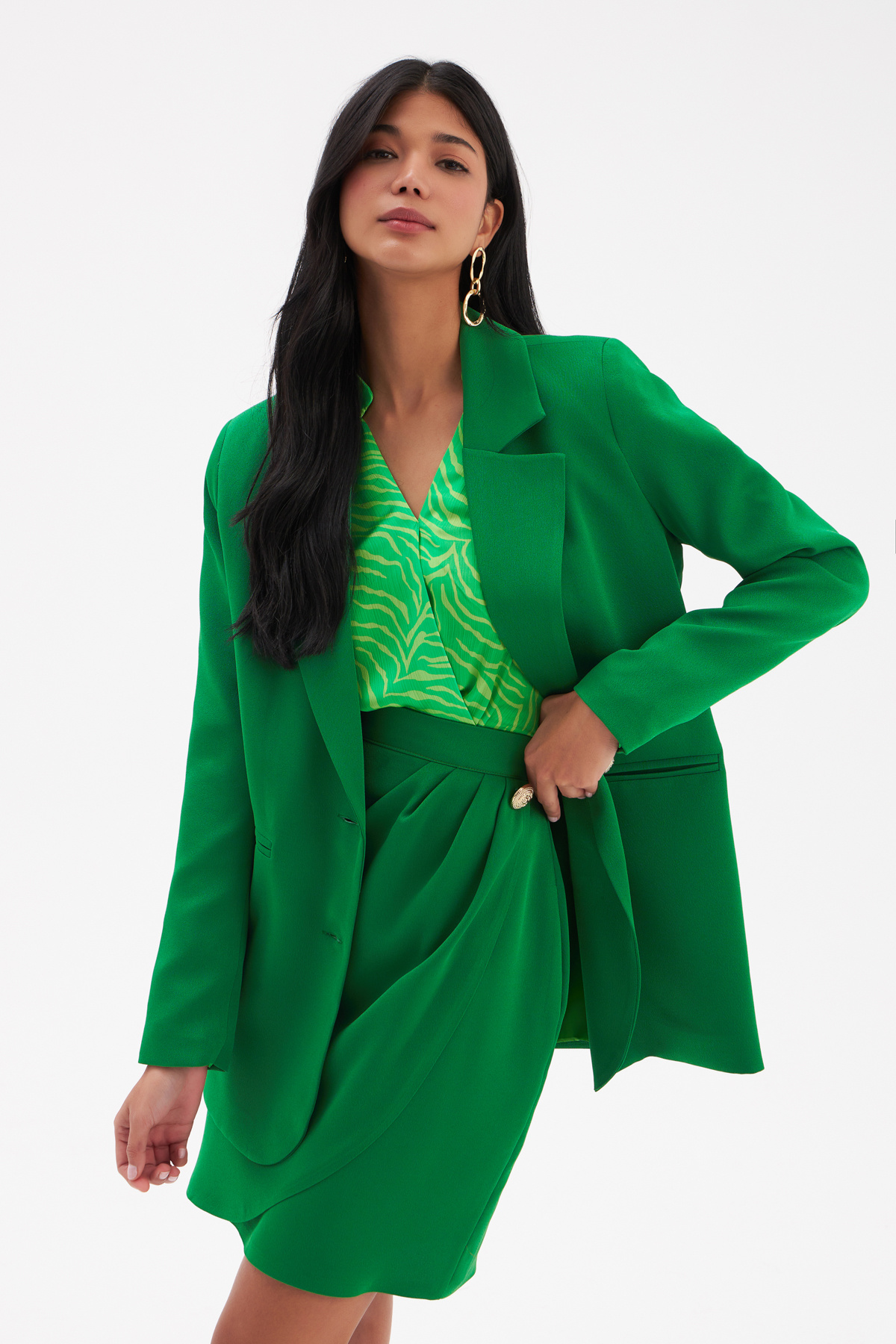 Düğme Detaylı Saten Krep Etek - YEŞİL