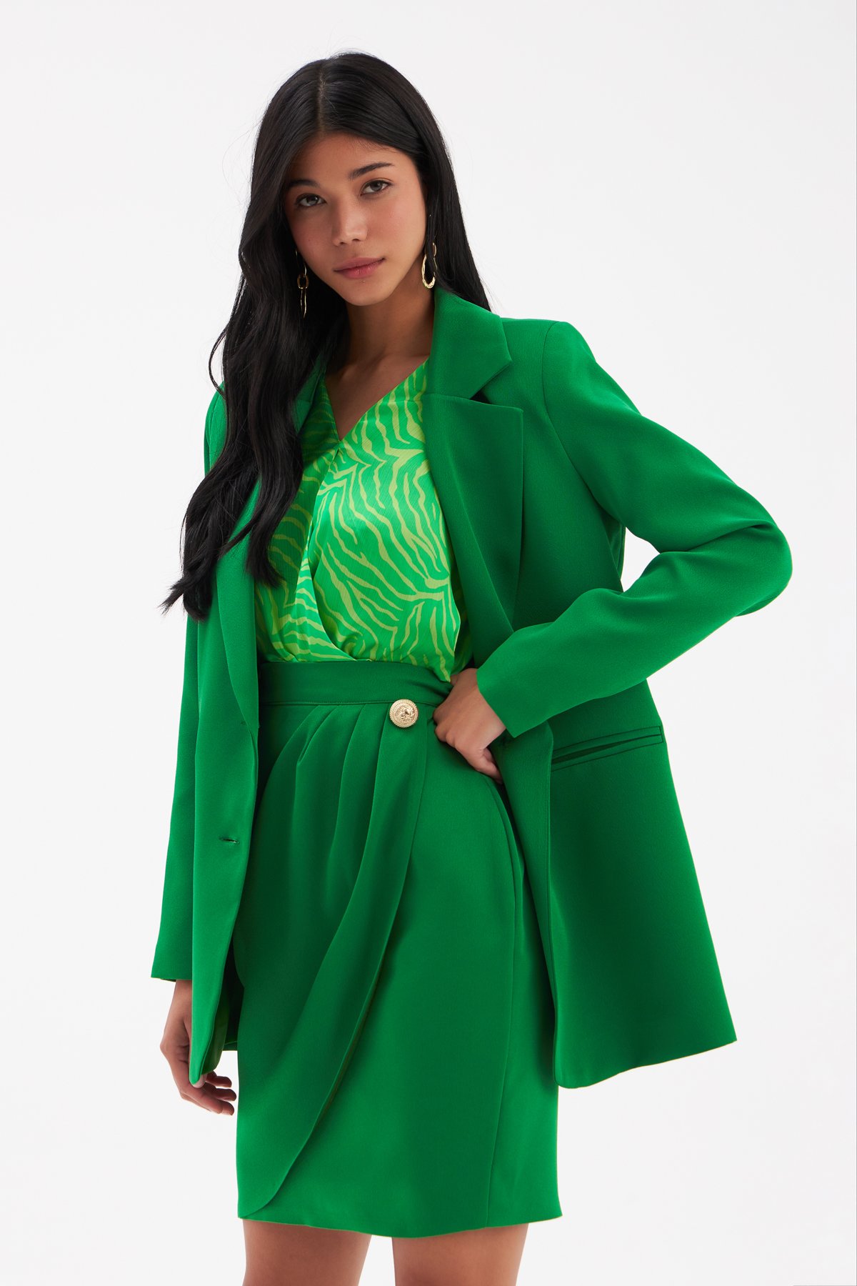 Düğme Detaylı Saten Krep Etek - YEŞİL