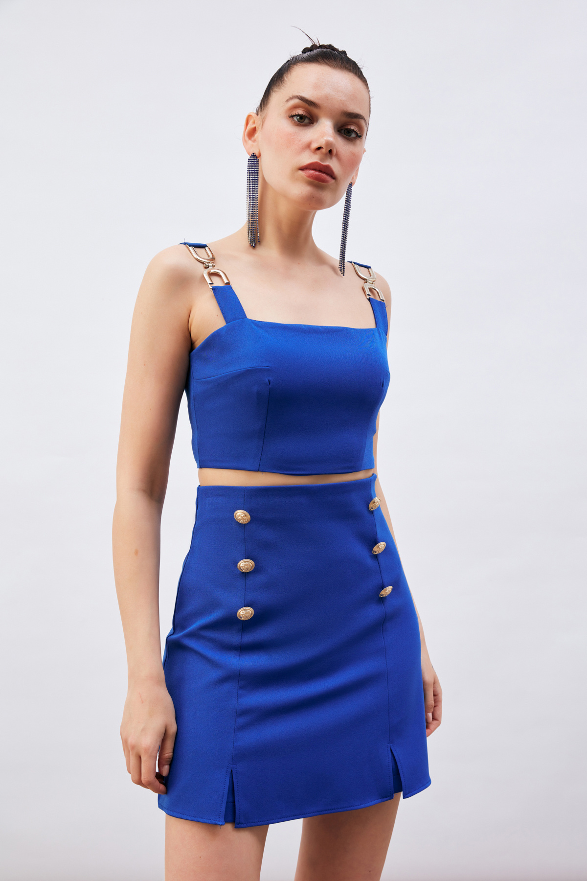 Düğme Detaylı Şort Etek - SAX MAVİ