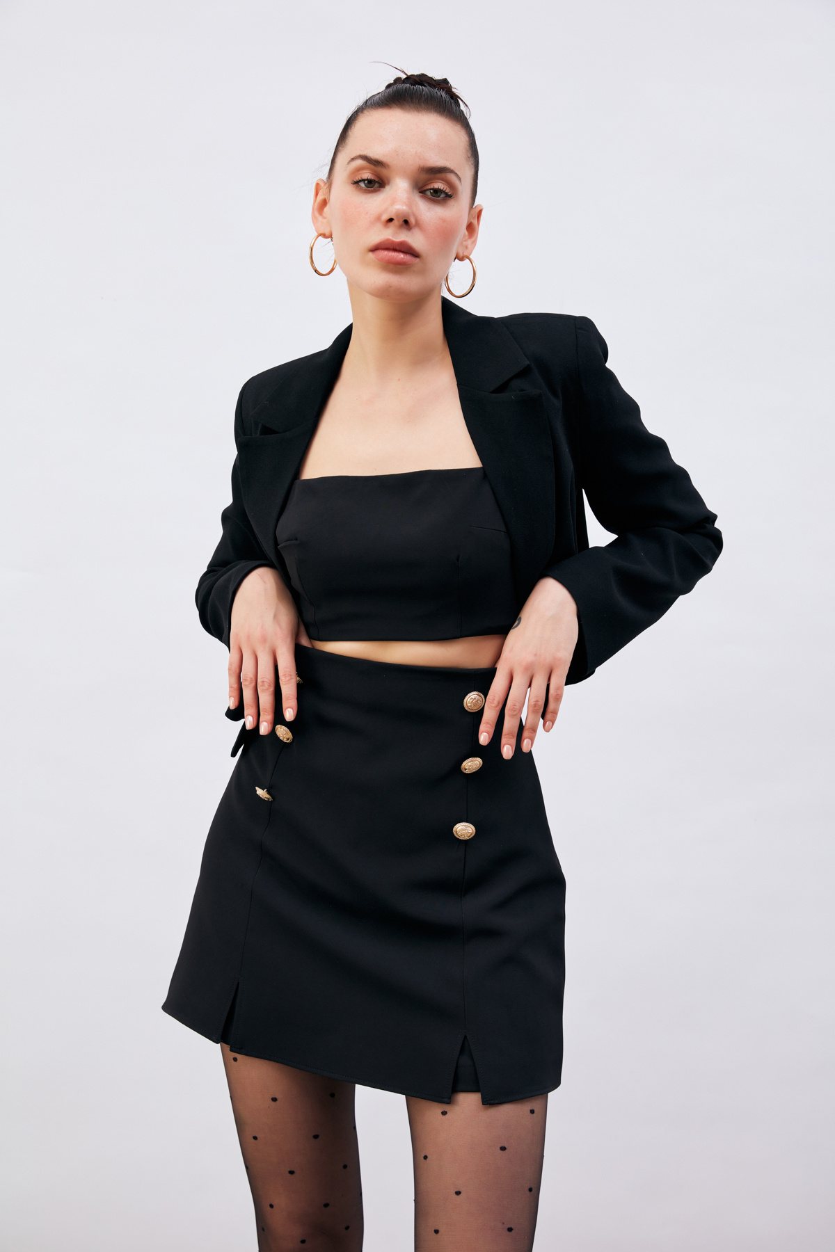 Düğme Detaylı Şort Etek - SİYAH