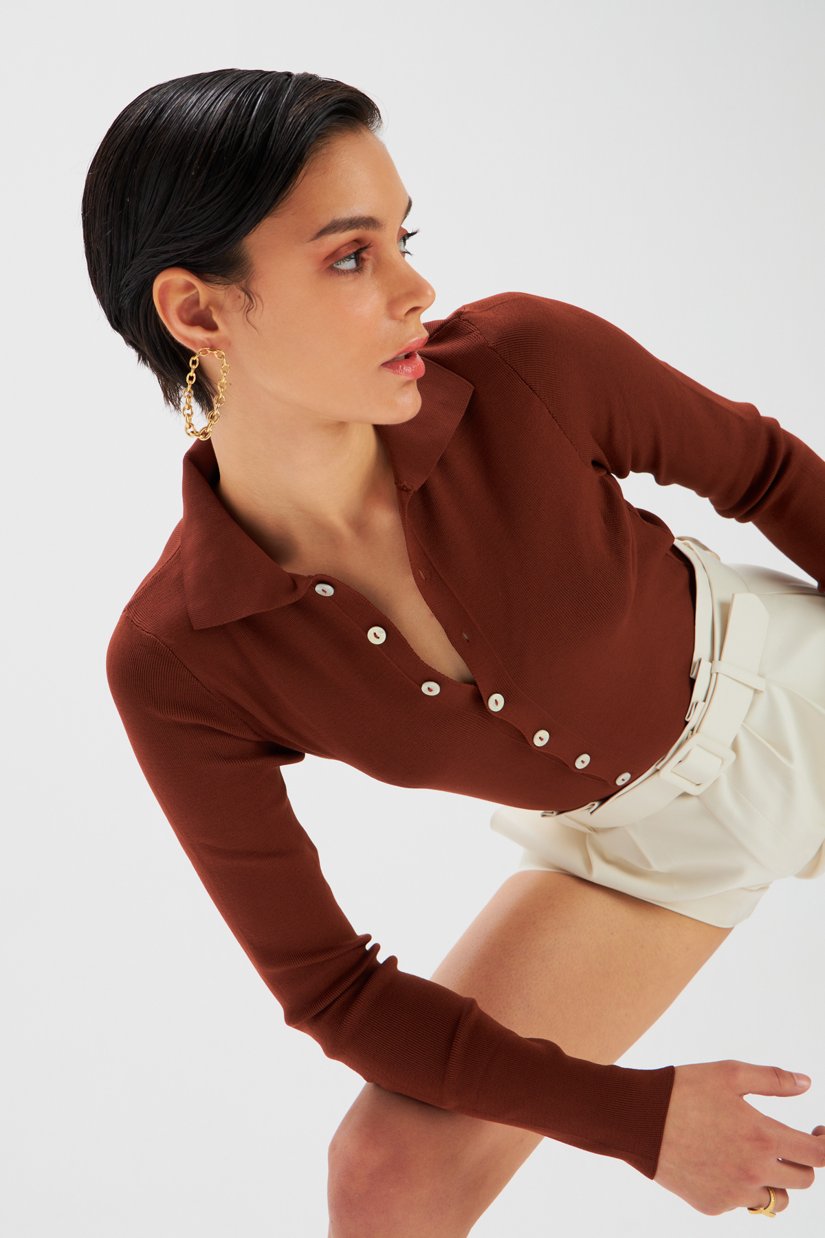 Düğme detaylı triko crop - KAHVE