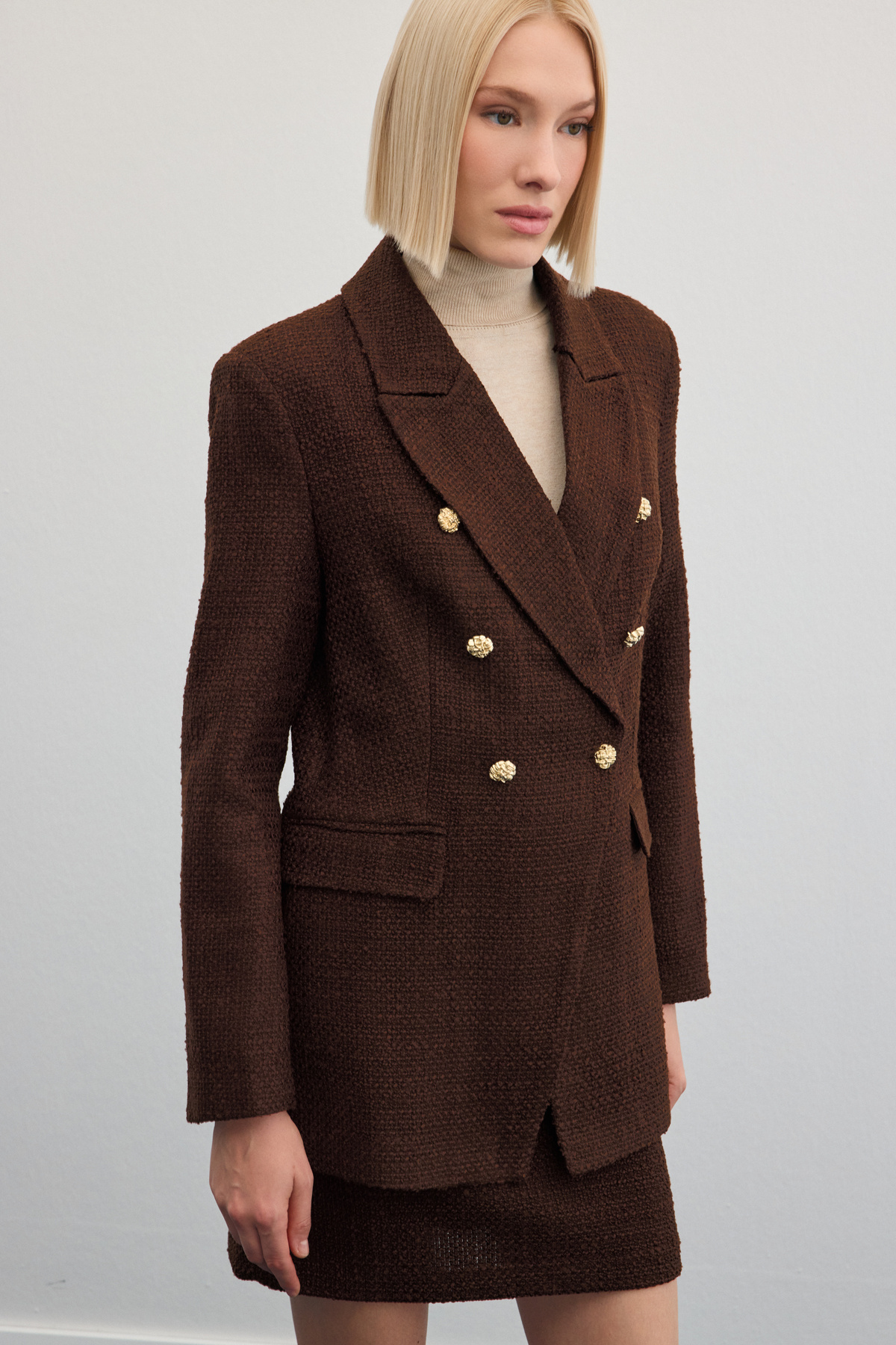 Düğme Detaylı Tüvit Ceket - Kahve