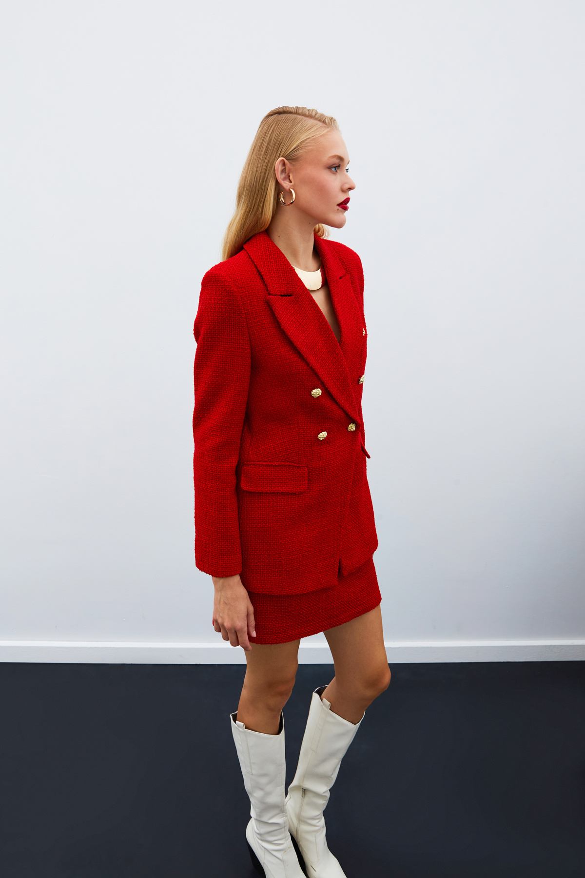 Düğme Detaylı Tüvit Ceket - KIRMIZI