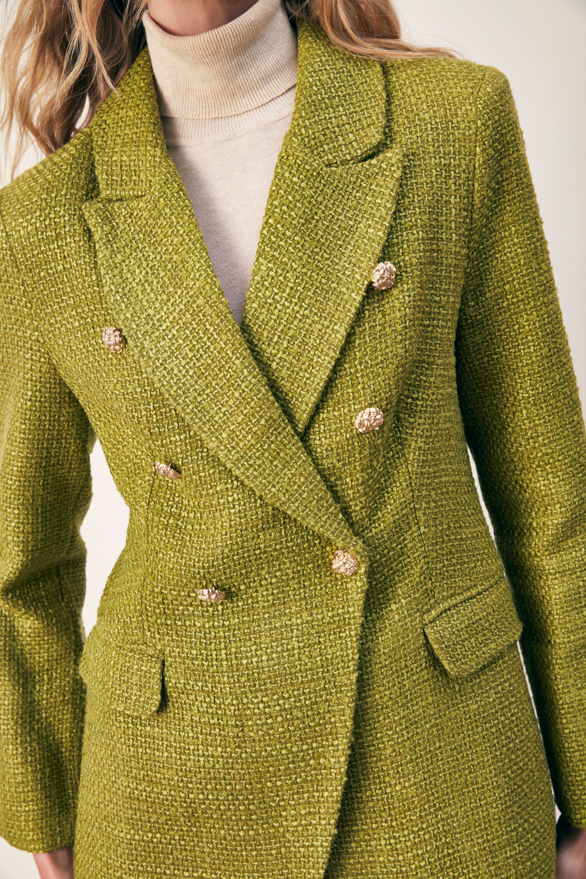 Düğme Detaylı Tüvit Ceket - YAĞ YEŞİLİ