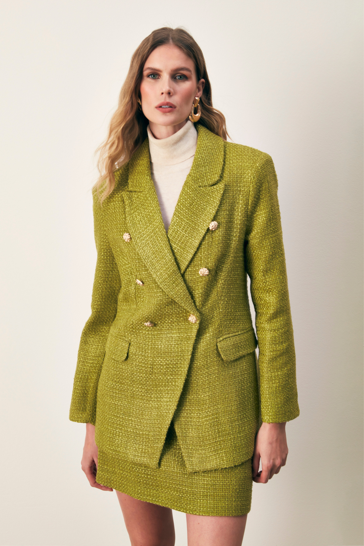 Düğme Detaylı Tüvit Ceket - YAĞ YEŞİLİ