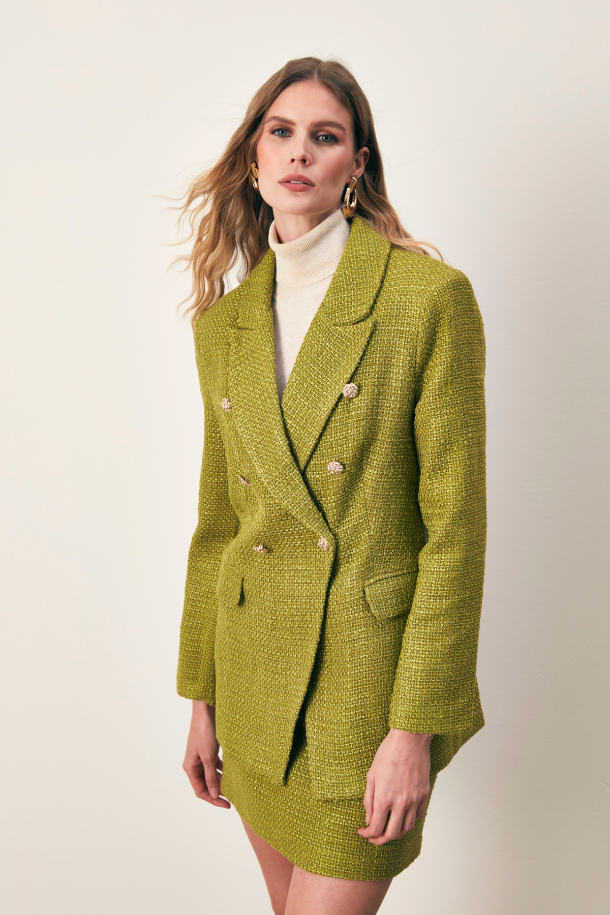 Düğme Detaylı Tüvit Ceket - YAĞ YEŞİLİ