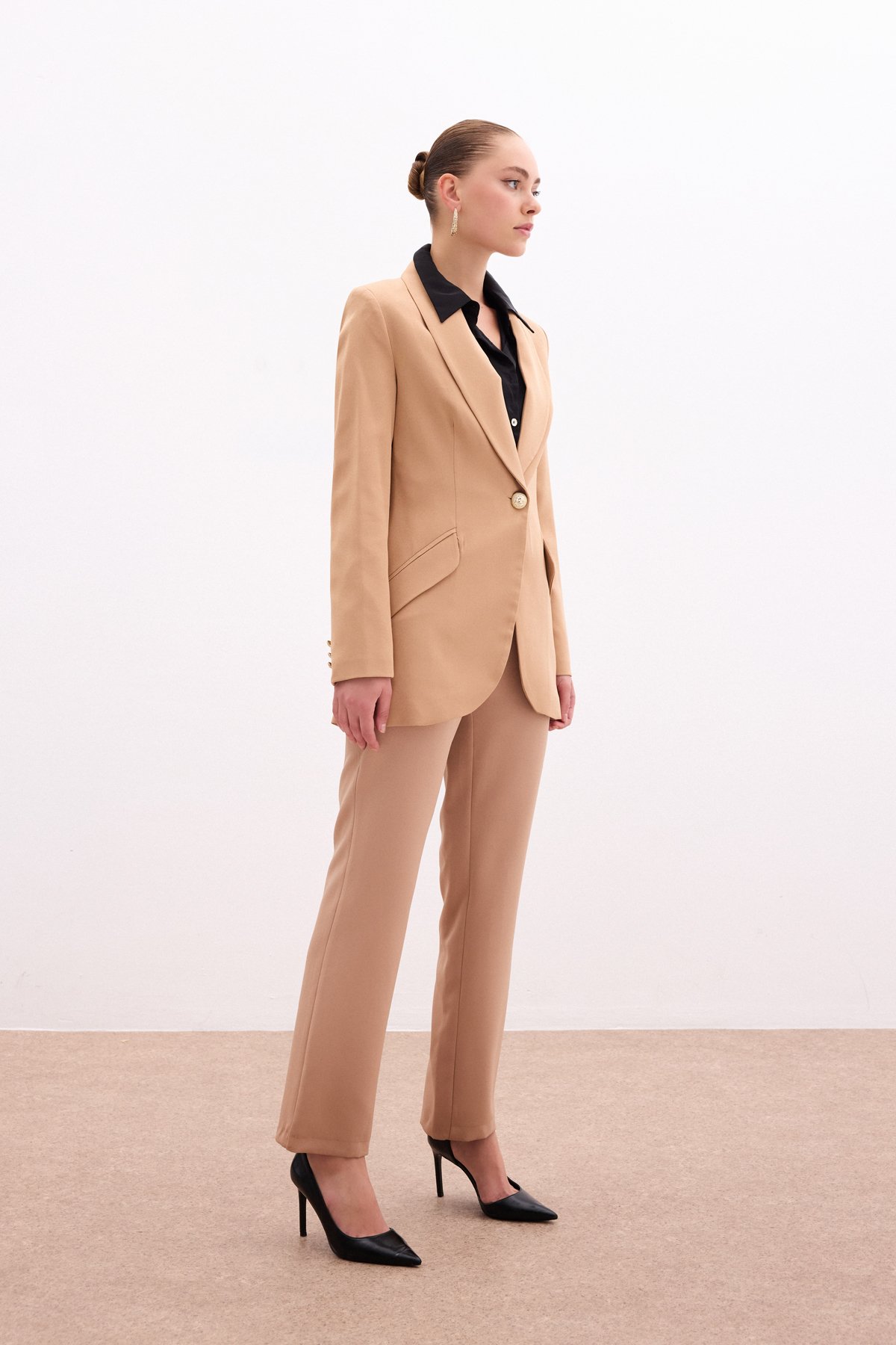 Düğme Detaylı Uzun Ceket - Camel