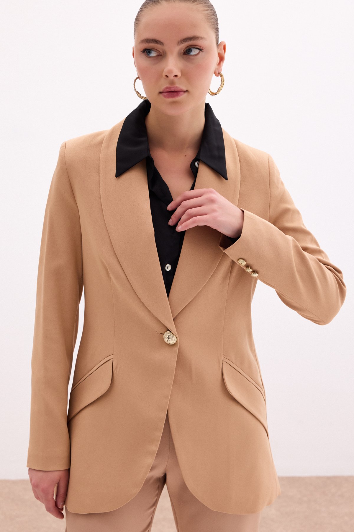 Düğme Detaylı Uzun Ceket - Camel