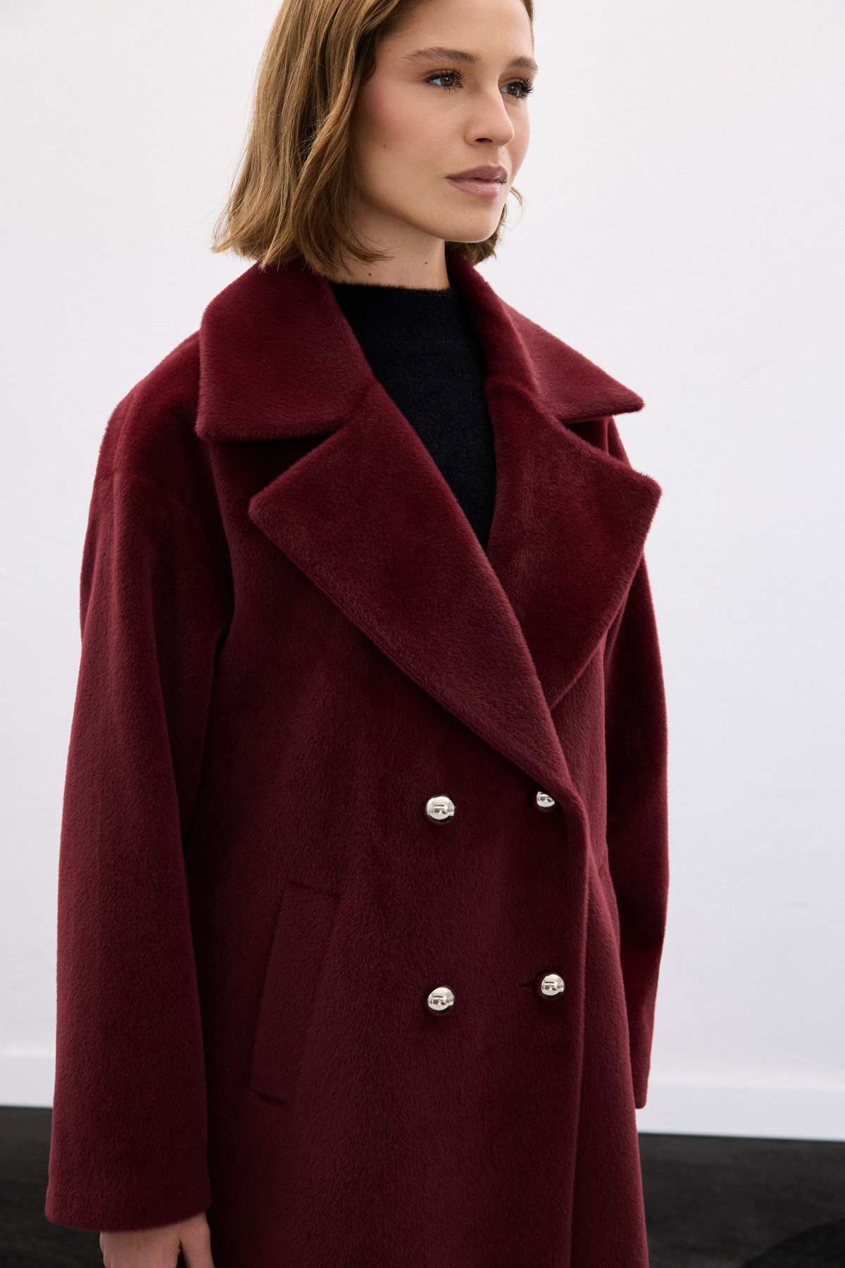 Düğme Detaylı Uzun Kaban - Bordo