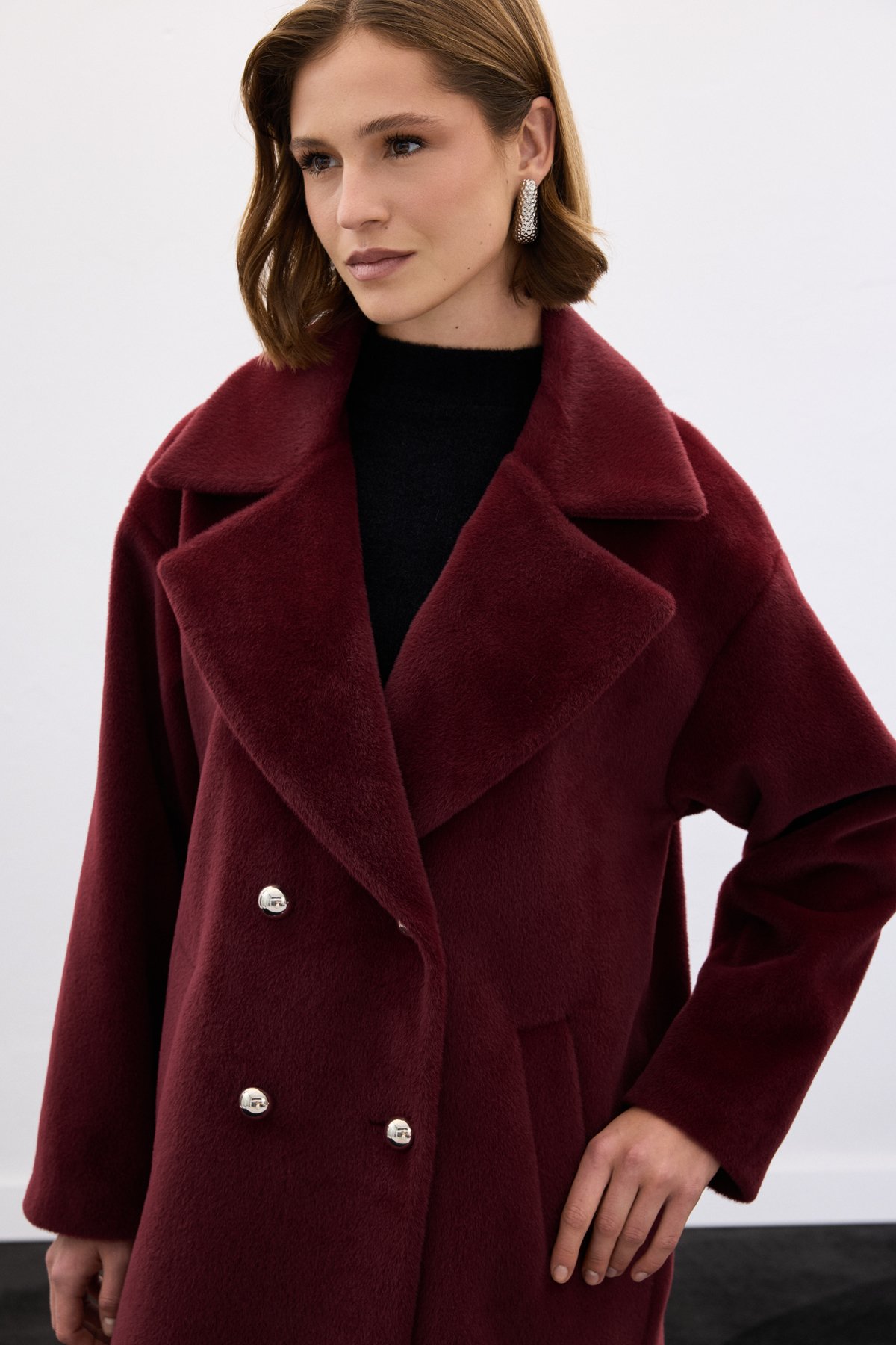 Düğme Detaylı Uzun Kaban - Bordo