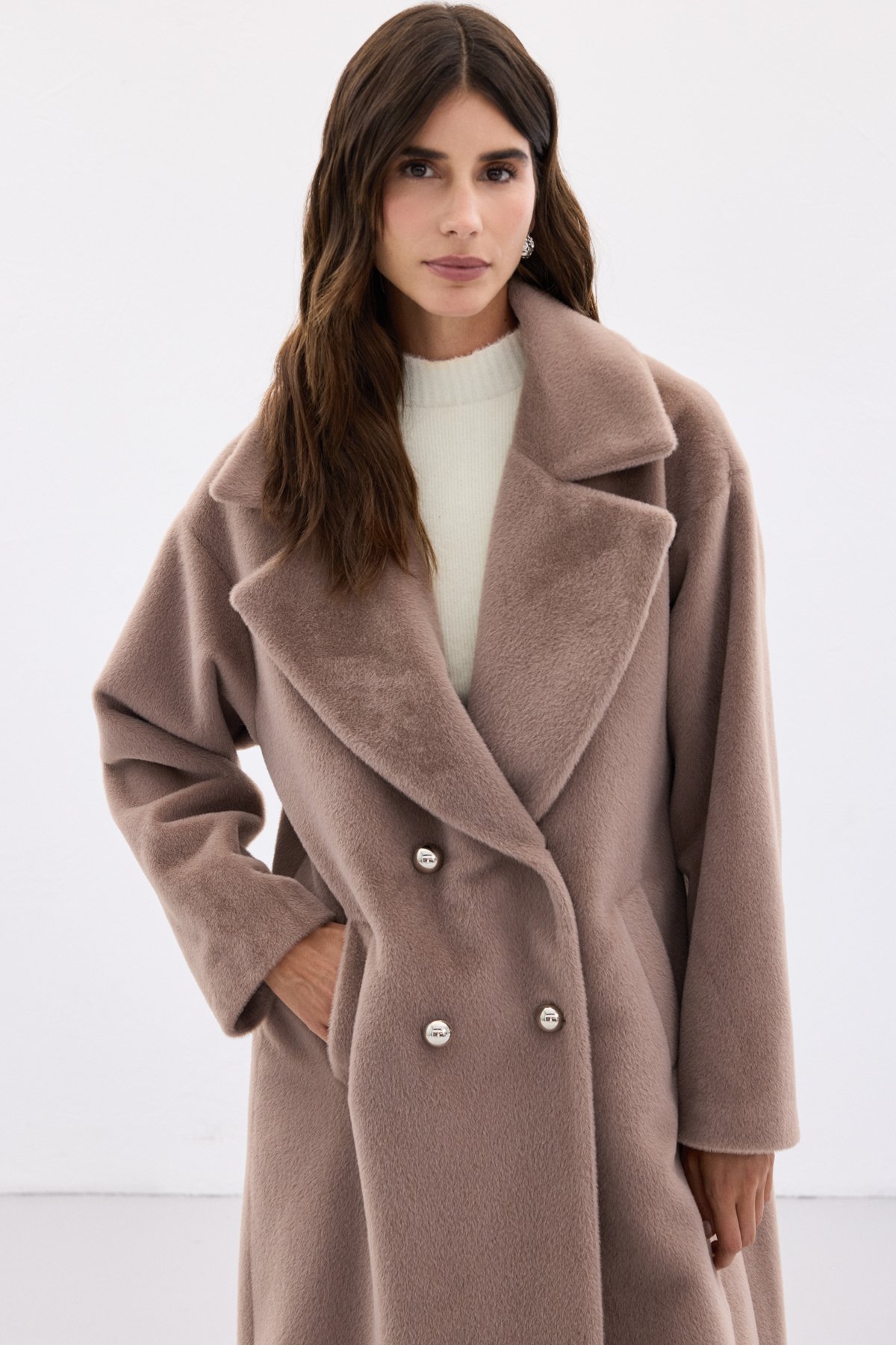 Düğme Detaylı Uzun Kaban - Vizon