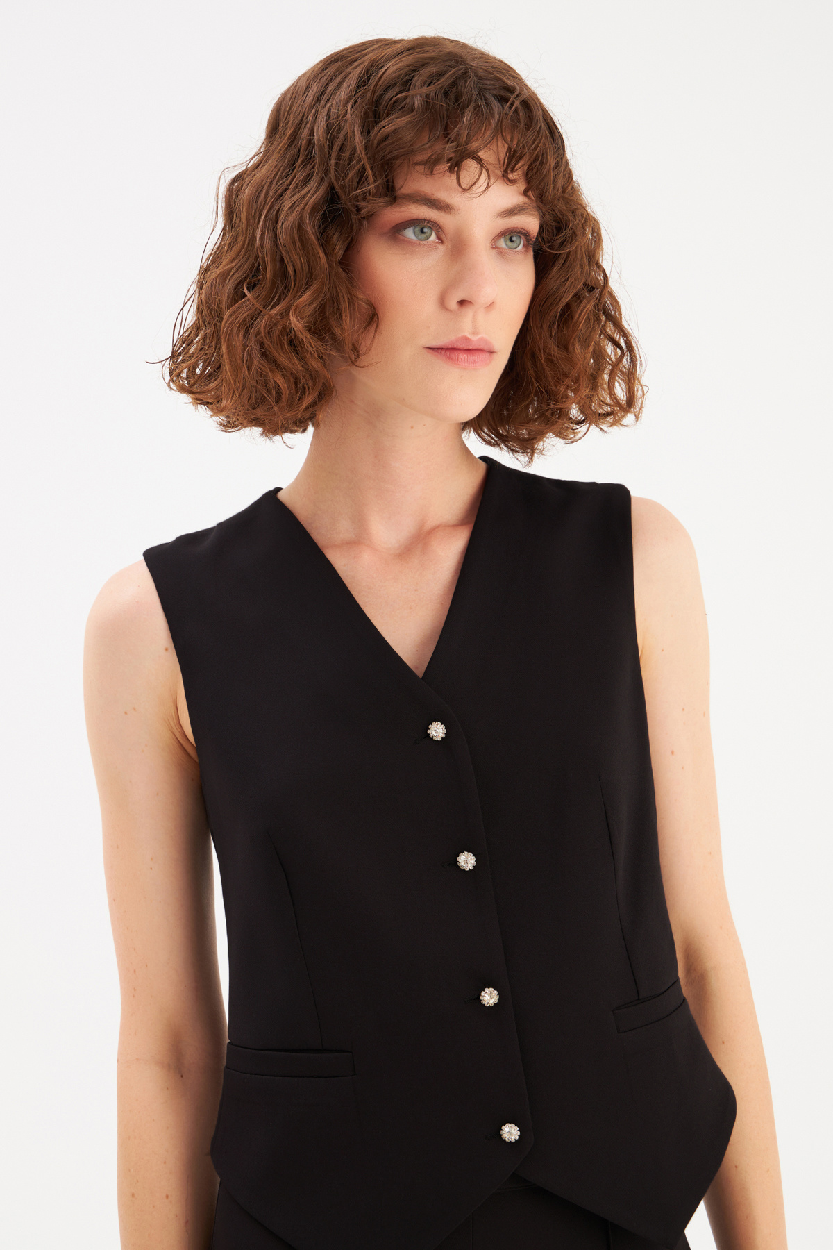 Düğme Taş Detaylı Yelek - SİYAH