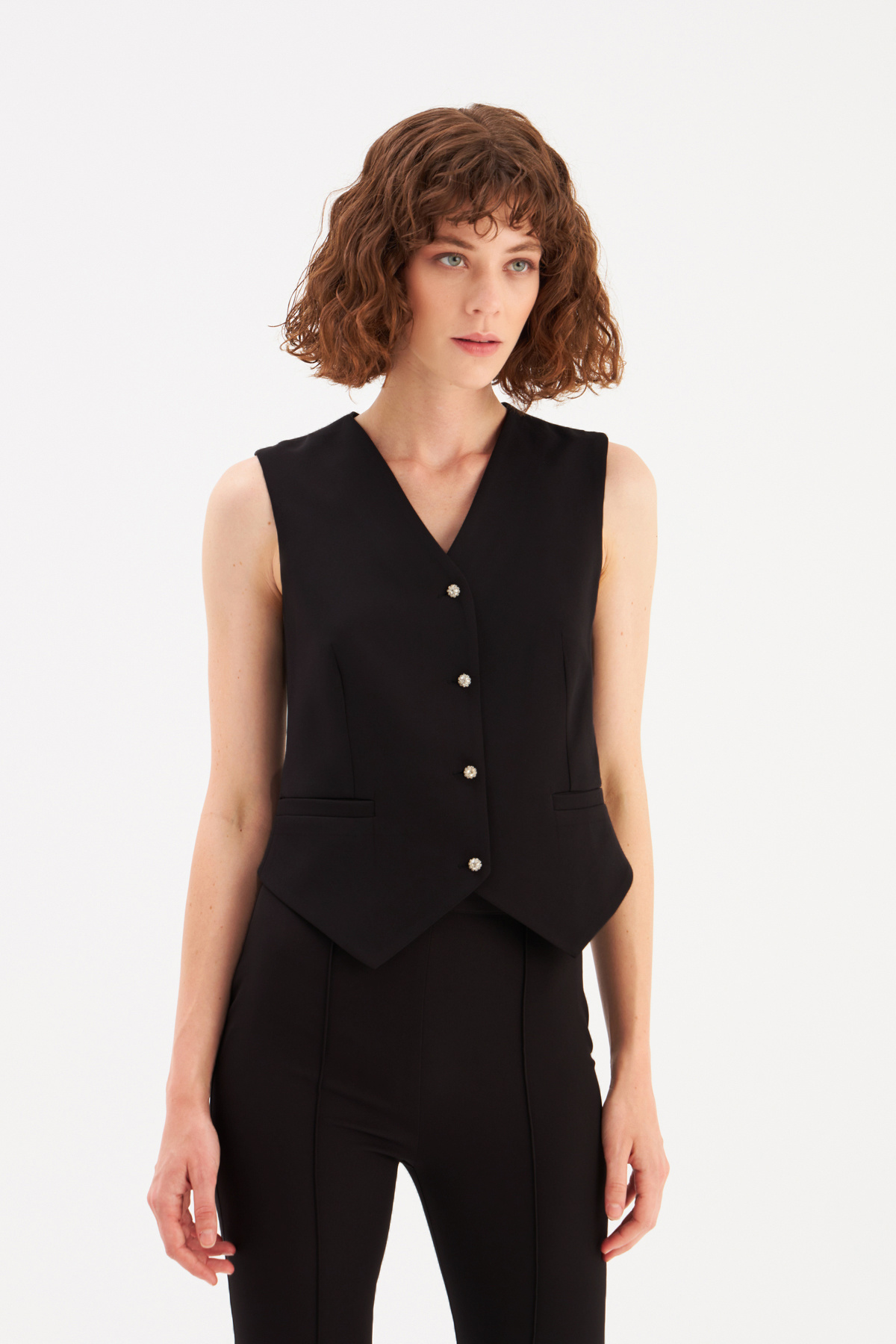 Düğme Taş Detaylı Yelek - SİYAH
