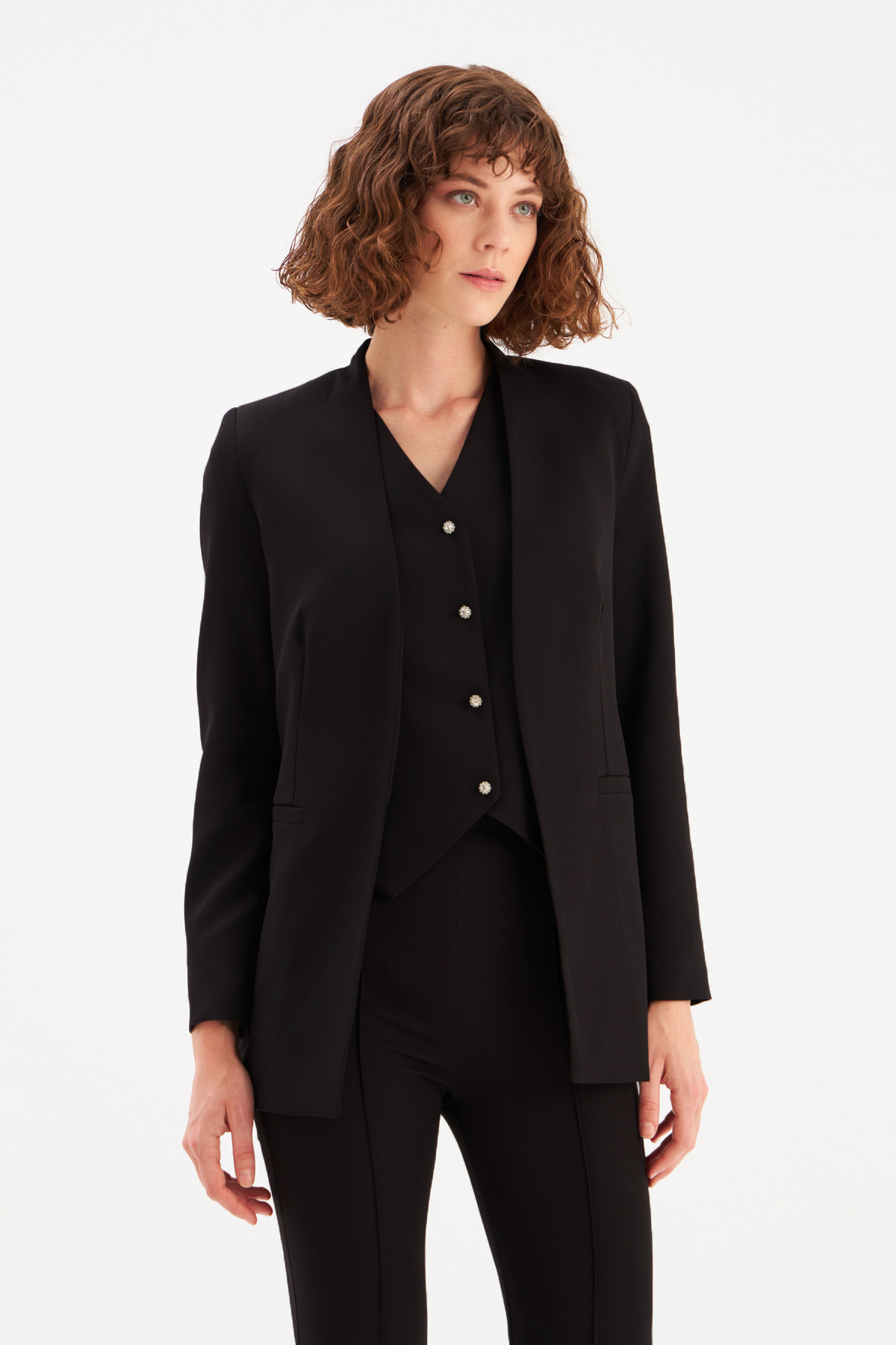 Düğme Taş Detaylı Yelek - SİYAH