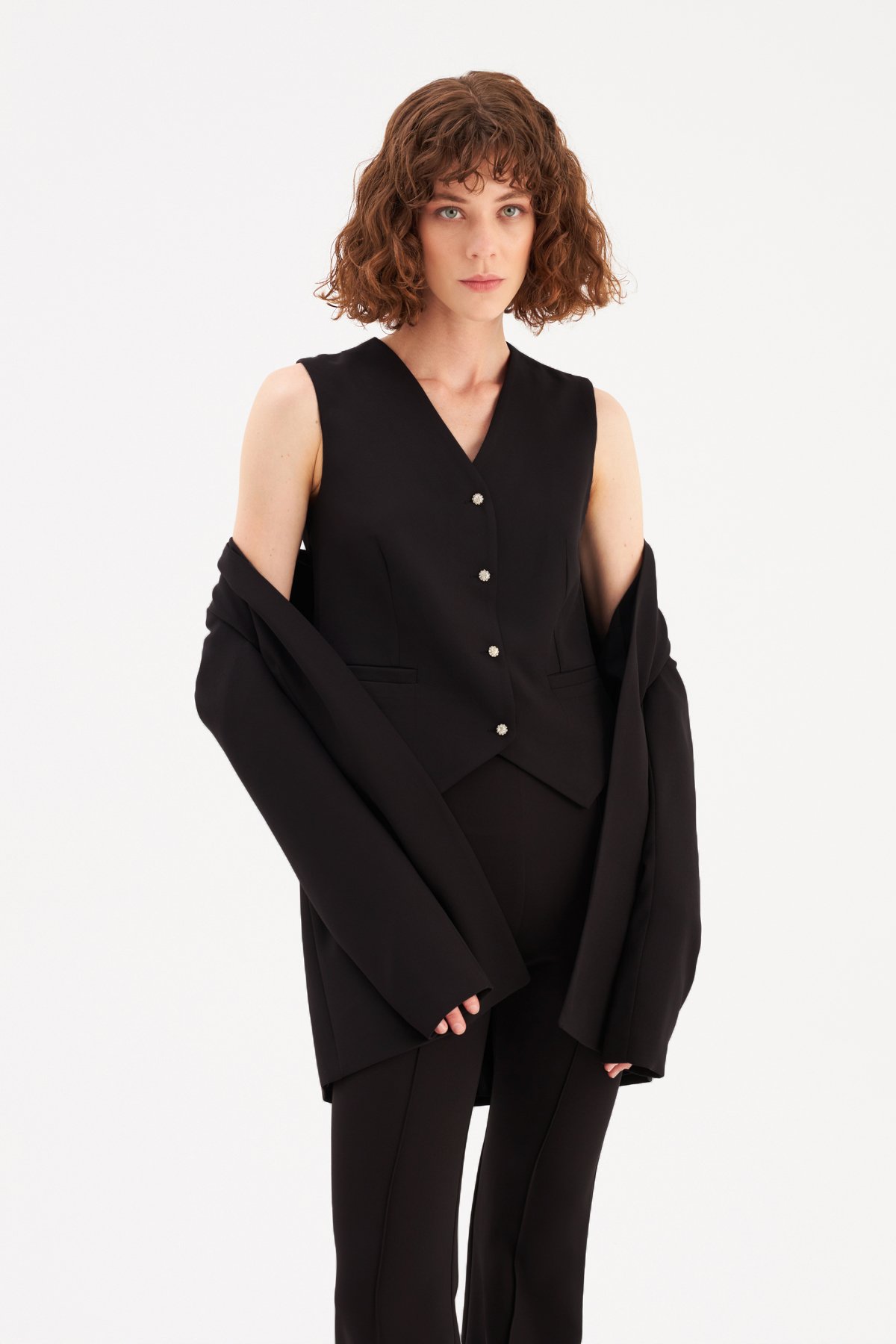Düğme Taş Detaylı Yelek - SİYAH