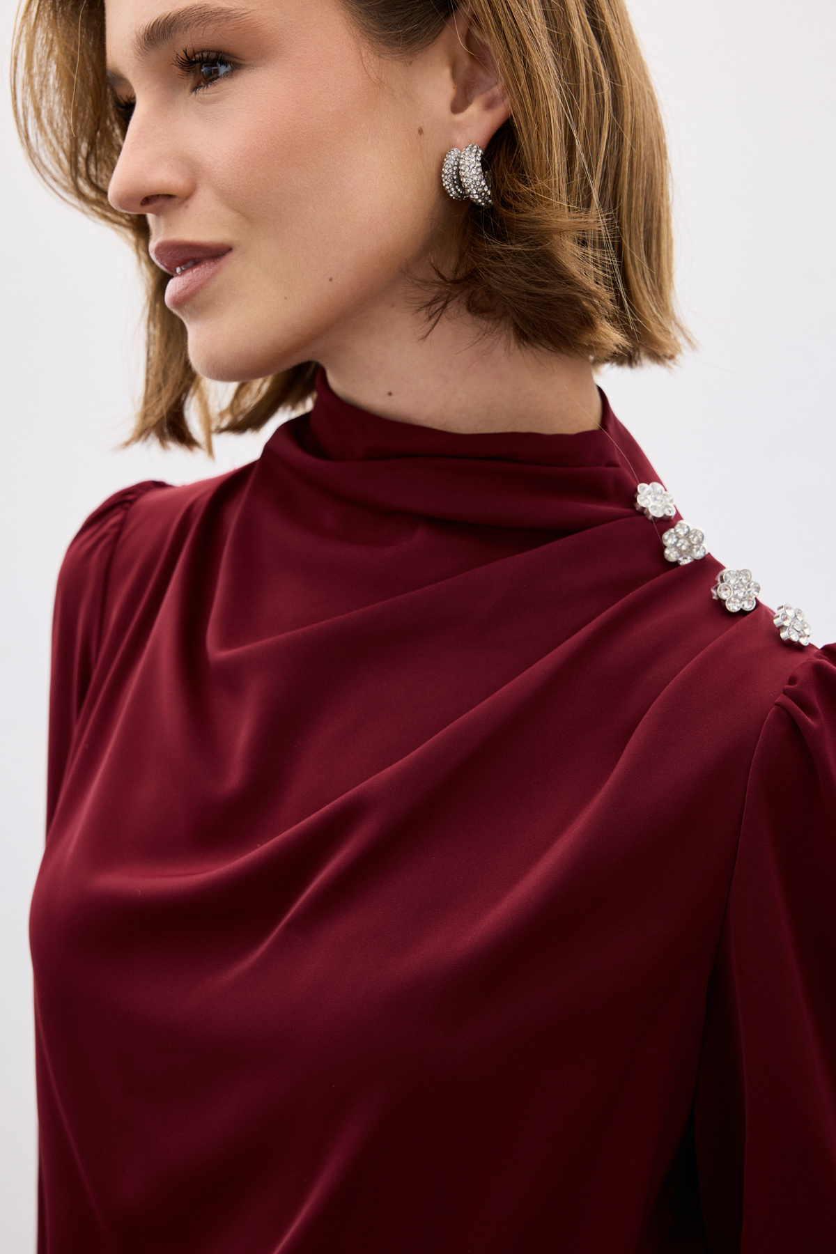 Düğmeleri Taş Detaylı Bluz - Bordo