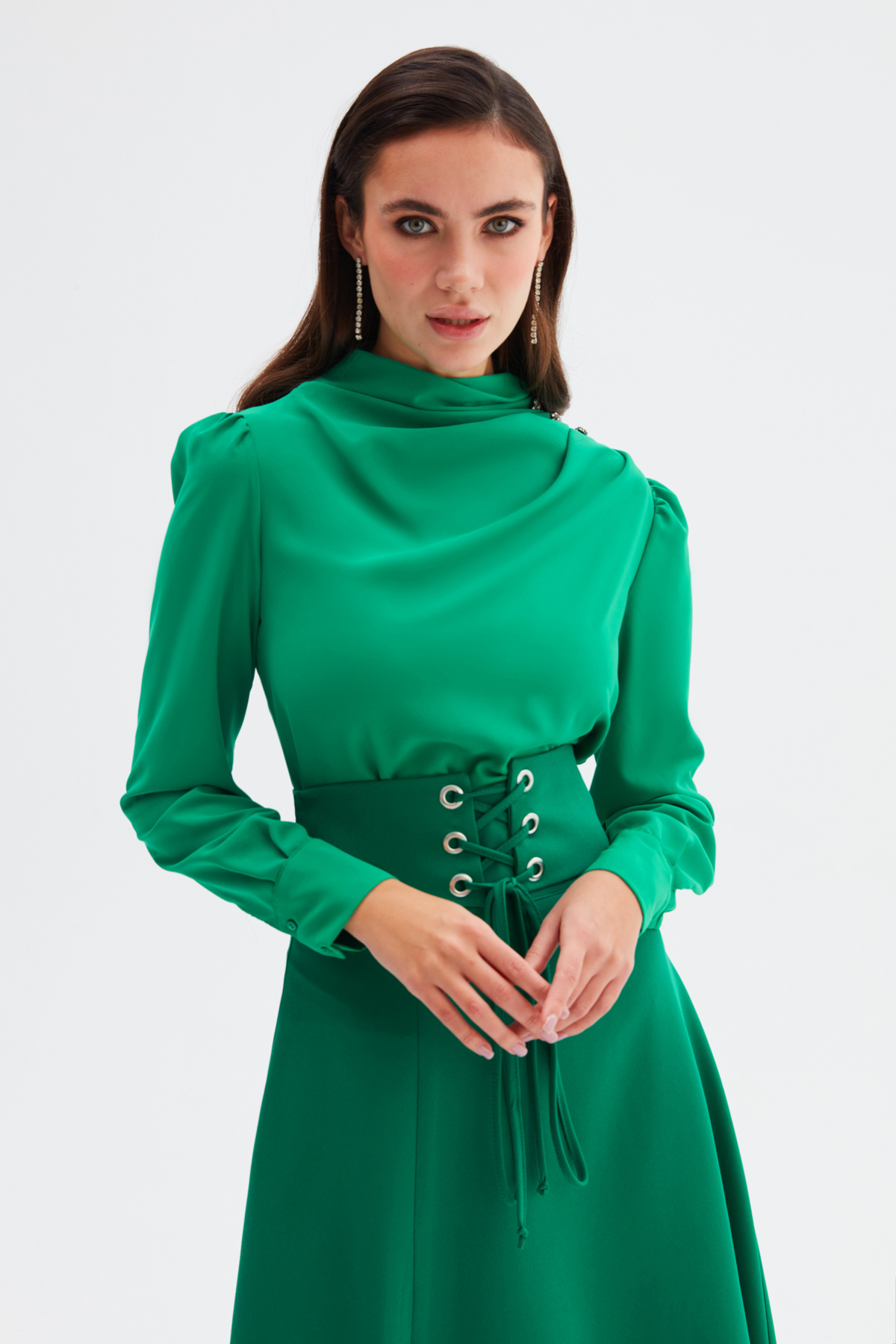 Düğmeleri Taş Detaylı Bluz - KOYU YEŞİL