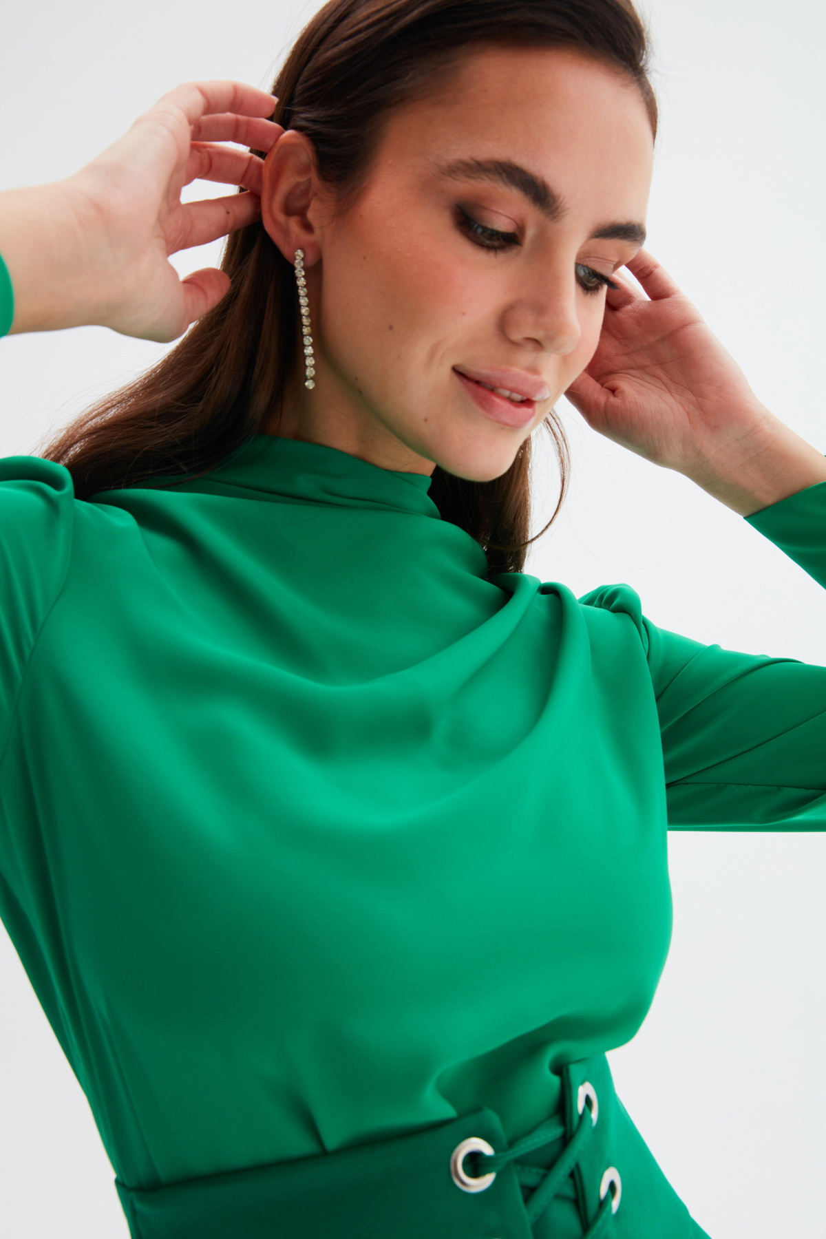 Düğmeleri Taş Detaylı Bluz - KOYU YEŞİL