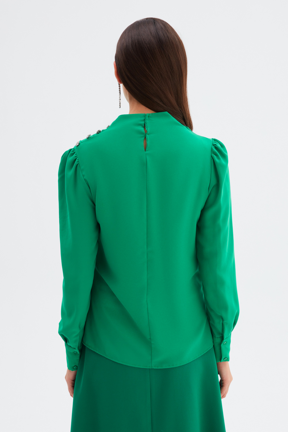 Düğmeleri Taş Detaylı Bluz - KOYU YEŞİL
