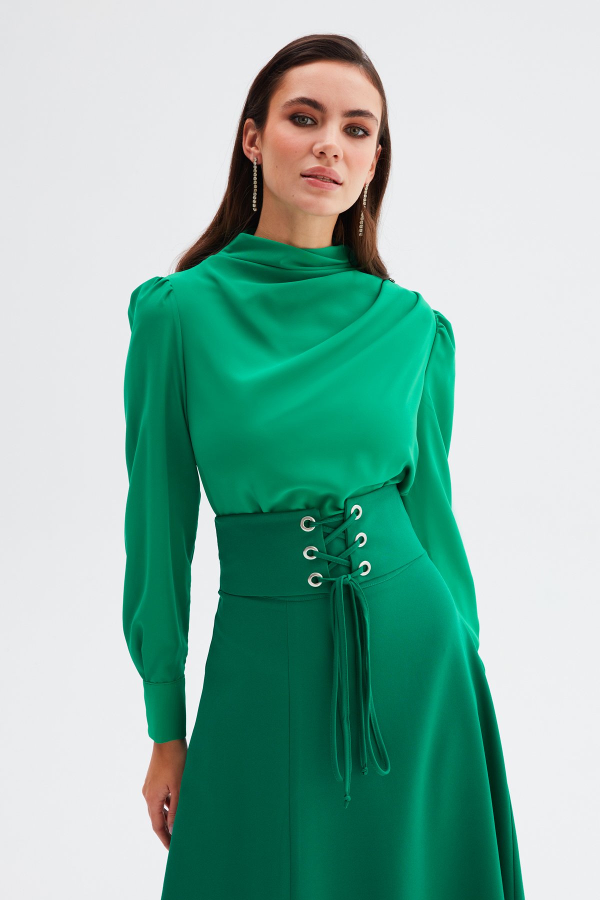 Düğmeleri Taş Detaylı Bluz - KOYU YEŞİL