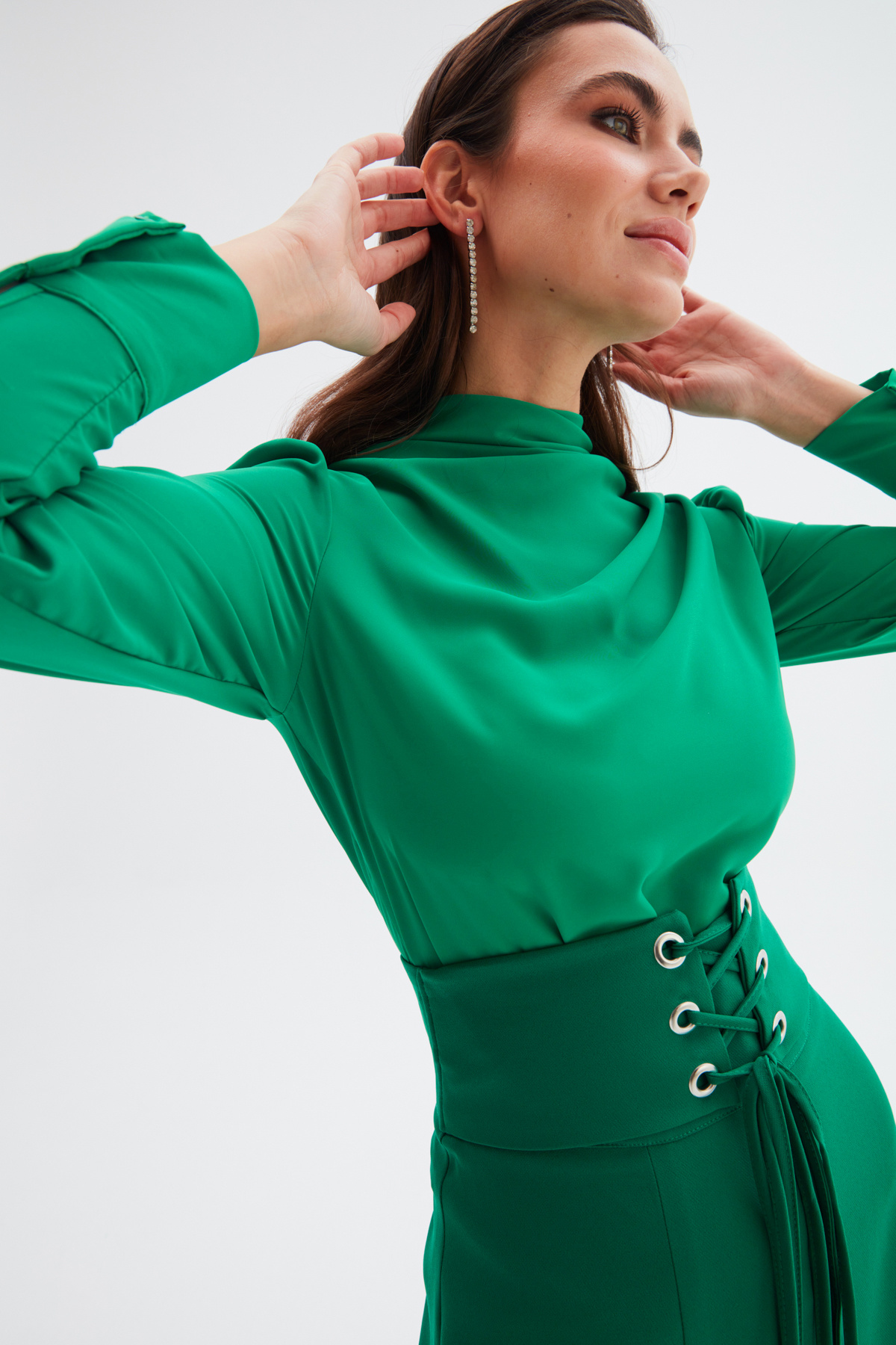 Düğmeleri Taş Detaylı Bluz - KOYU YEŞİL