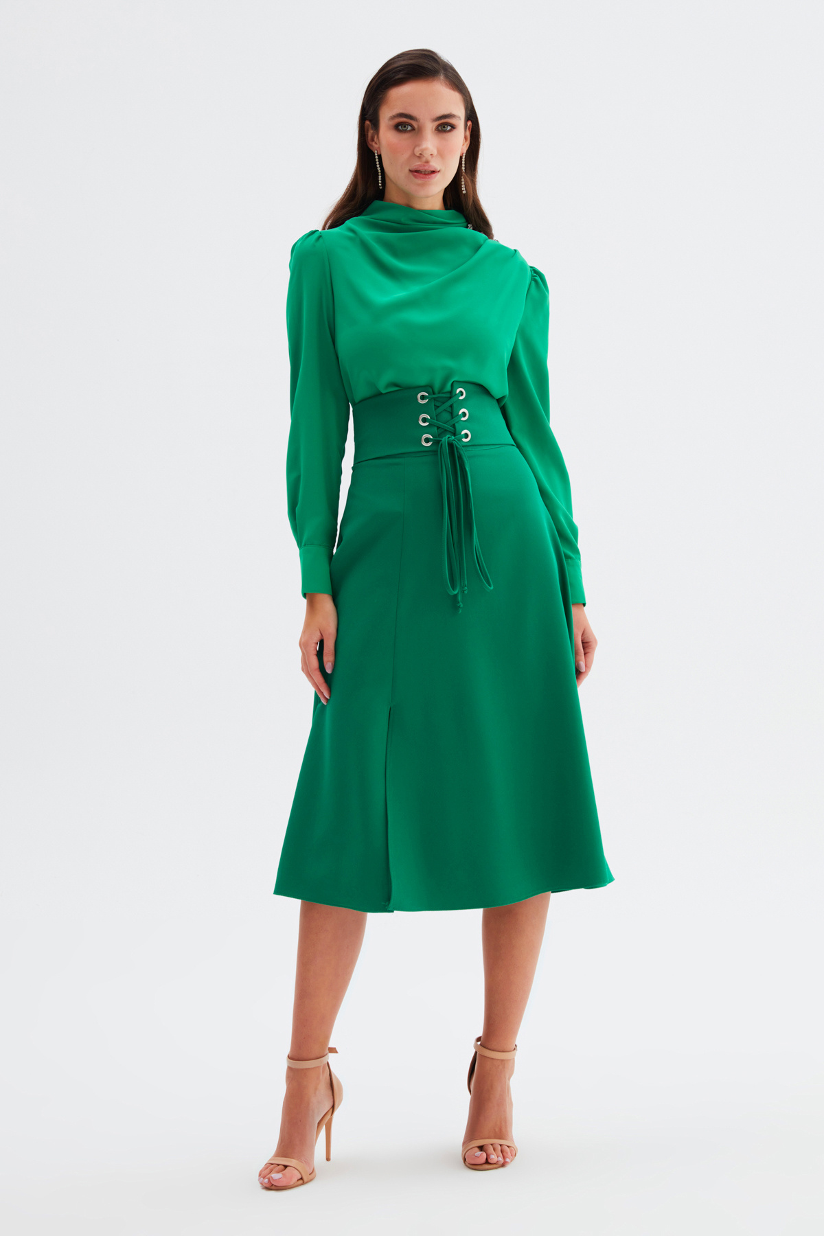 Düğmeleri Taş Detaylı Bluz - KOYU YEŞİL