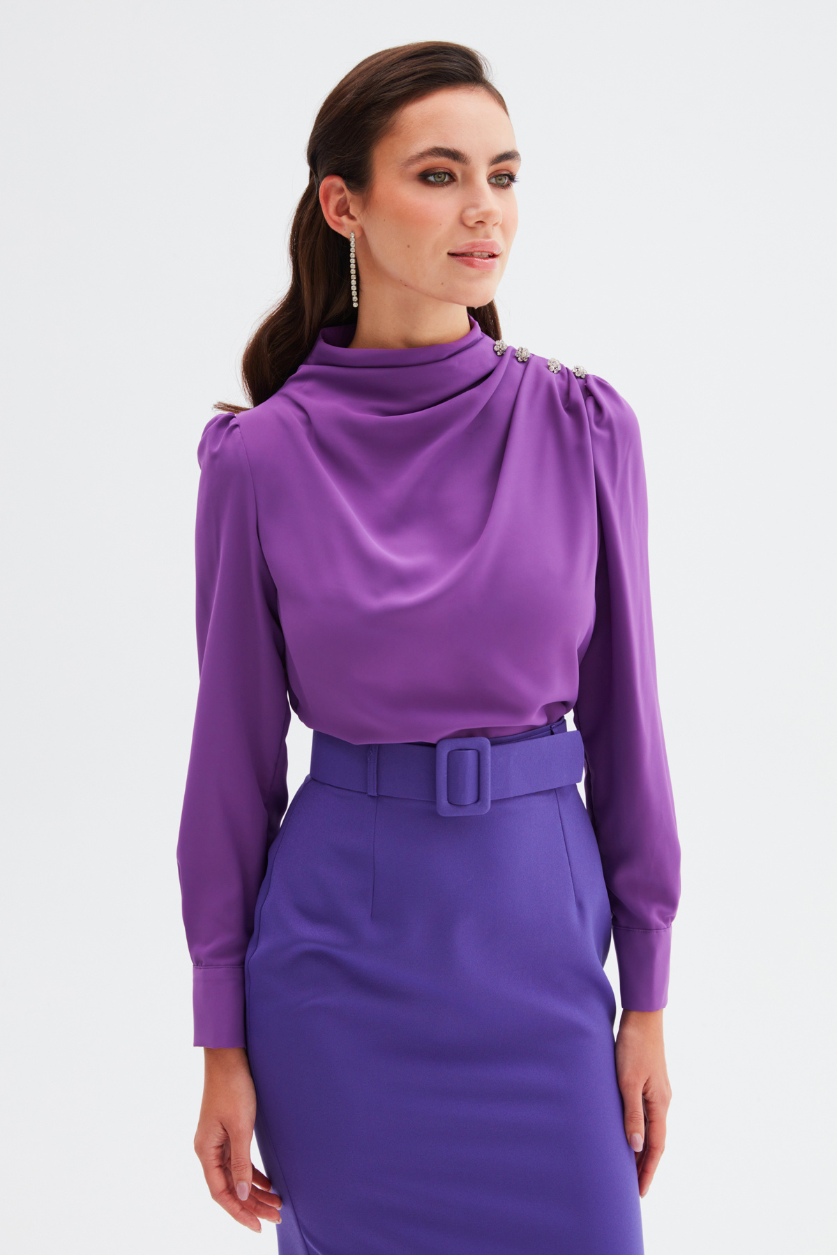 Düğmeleri Taş Detaylı Bluz - MOR