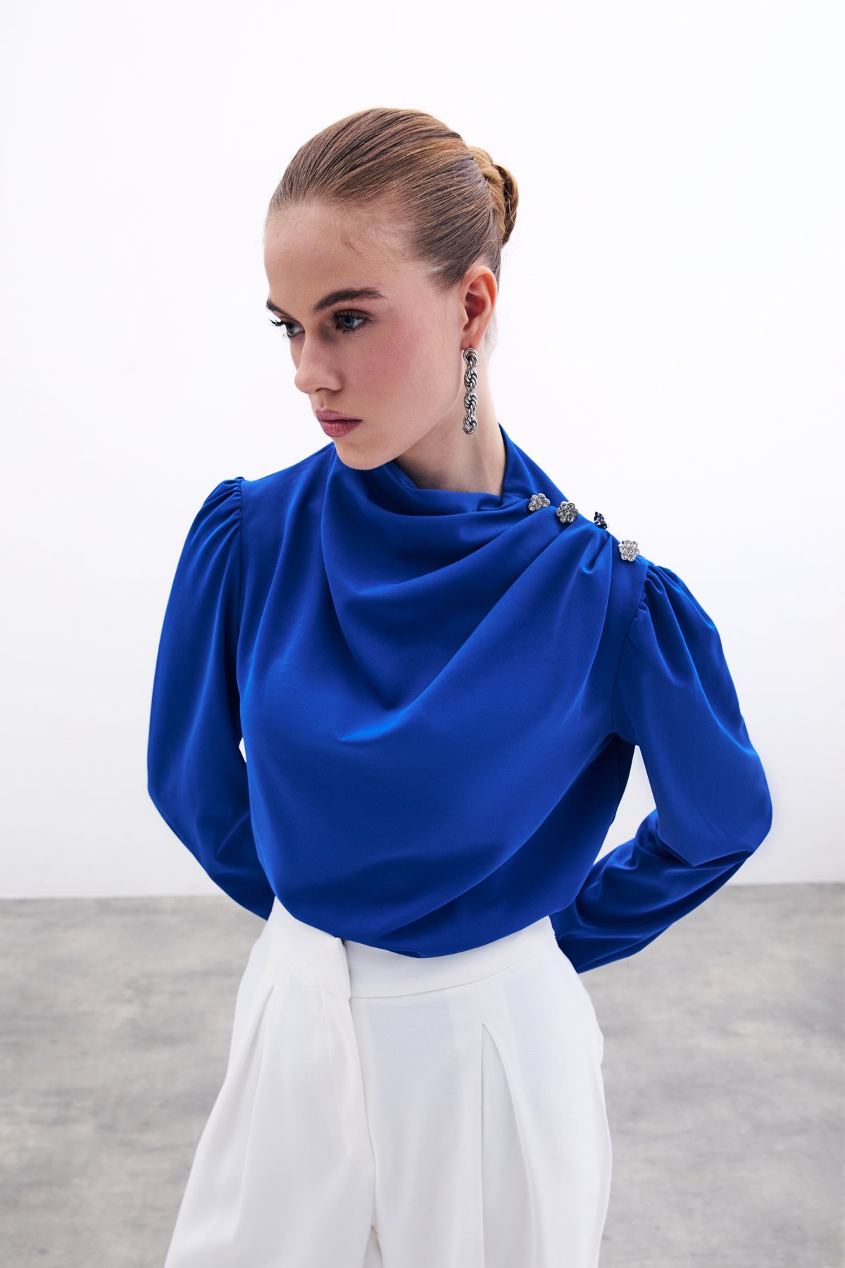 Buttons Stone Detailed Blouse - Sax blue