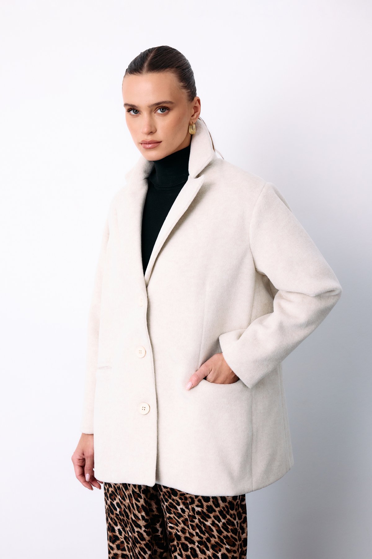 Düğmeli Kaşe Ceket - Ekru